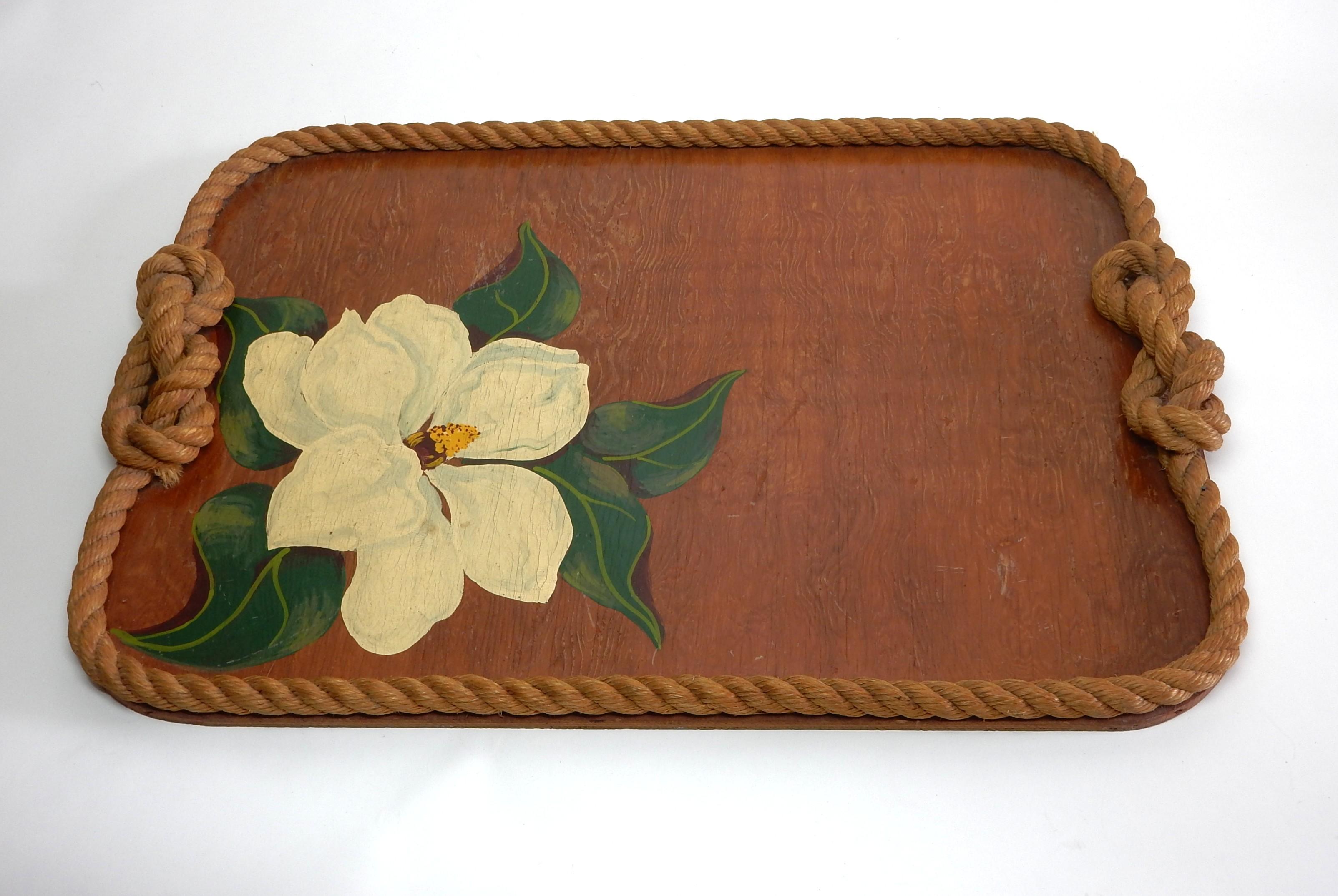 Mid-Century Modern 1950 Josephine De Ville of Miami Artistic Serving Bar Tray Hemp Rope Plywood For Sale