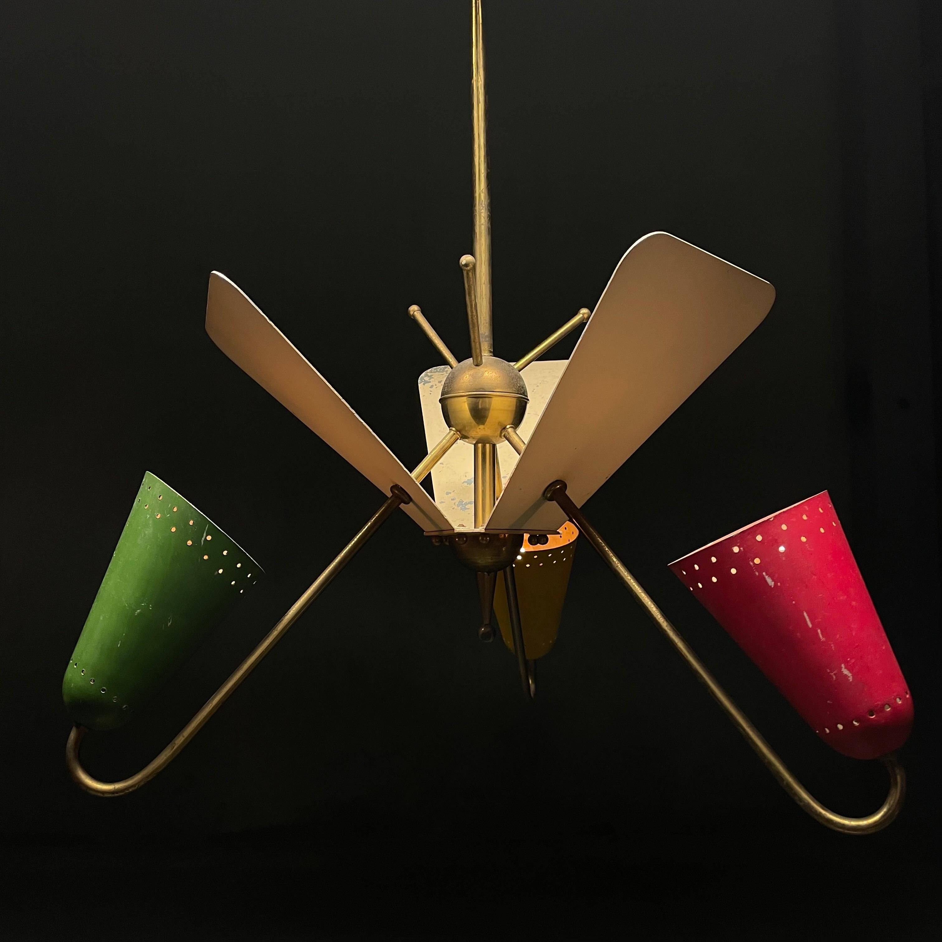 Authentic french made three arm reflector light by Kobis/ lorence .  This ceiling pendant  has been rewired while maintaining the original French bayonet B22 bulb sockets, and original surface. 


Rewired with brass cap and adaptable height .

