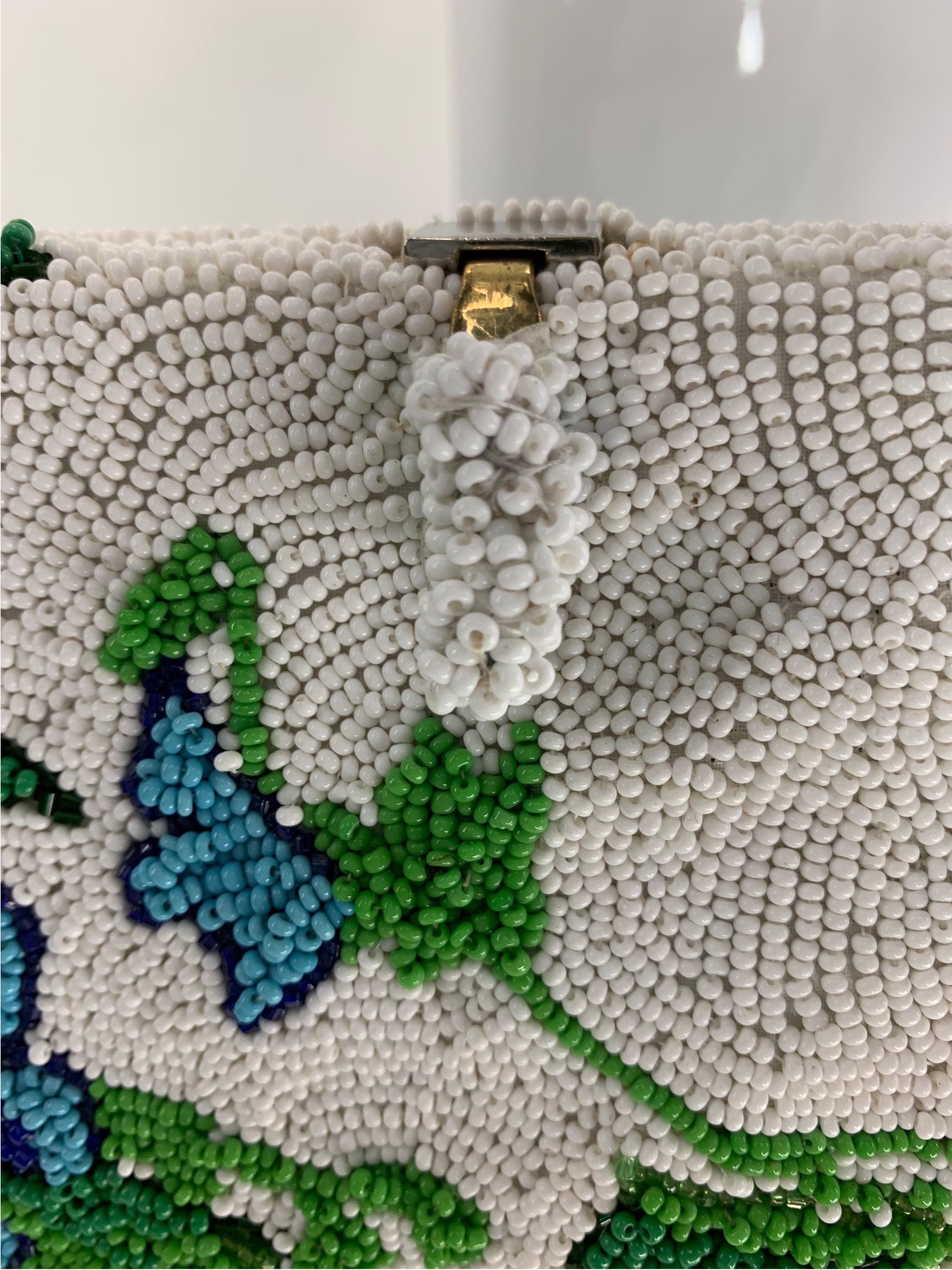 1950 Koret Tresor Stunning Floral Beaded Handbag In Green & Blue On White Ground In Excellent Condition For Sale In Gresham, OR