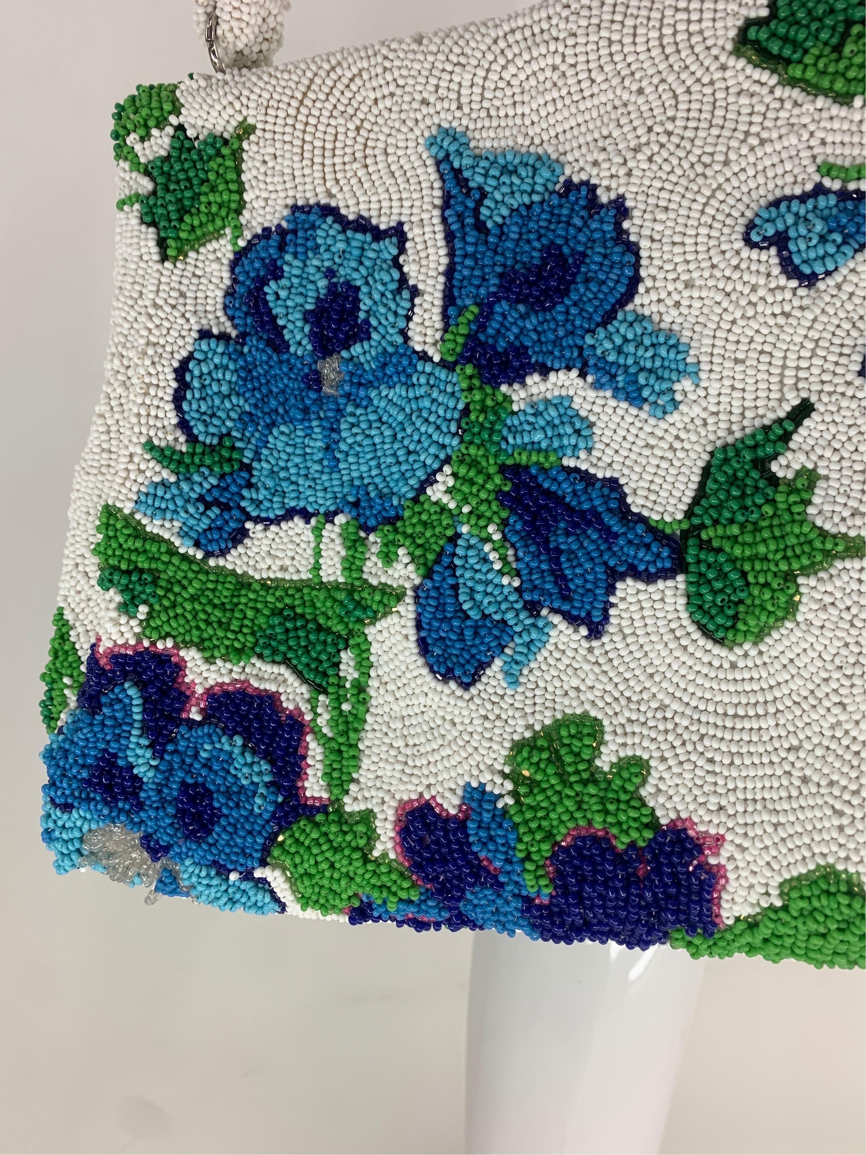 1950 Koret Tresor Stunning Floral Beaded Handbag In Green & Blue On White Ground For Sale 2