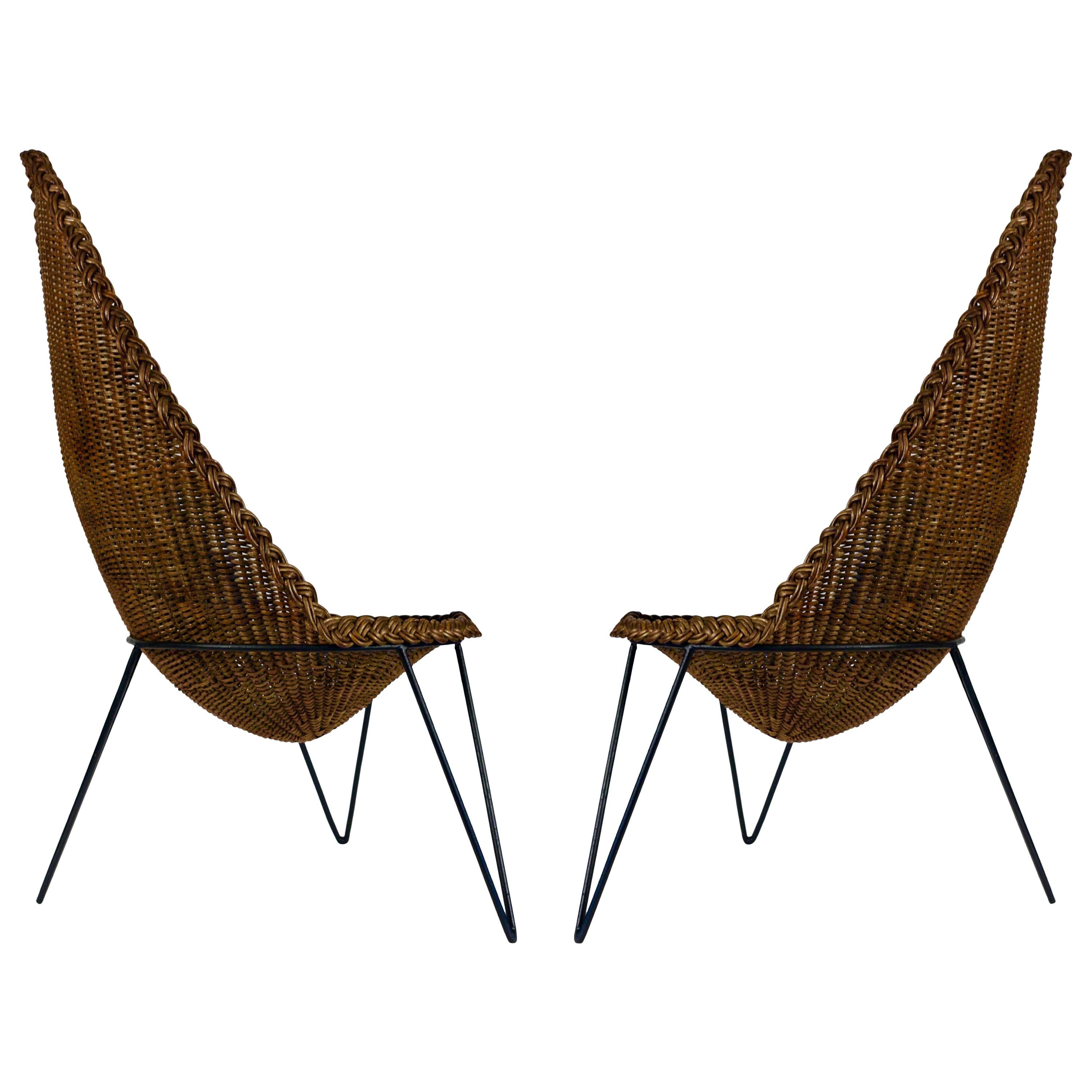 1950 Large and Rare Pair of Rattan Armchairs Attributed to Mathieu Matégot