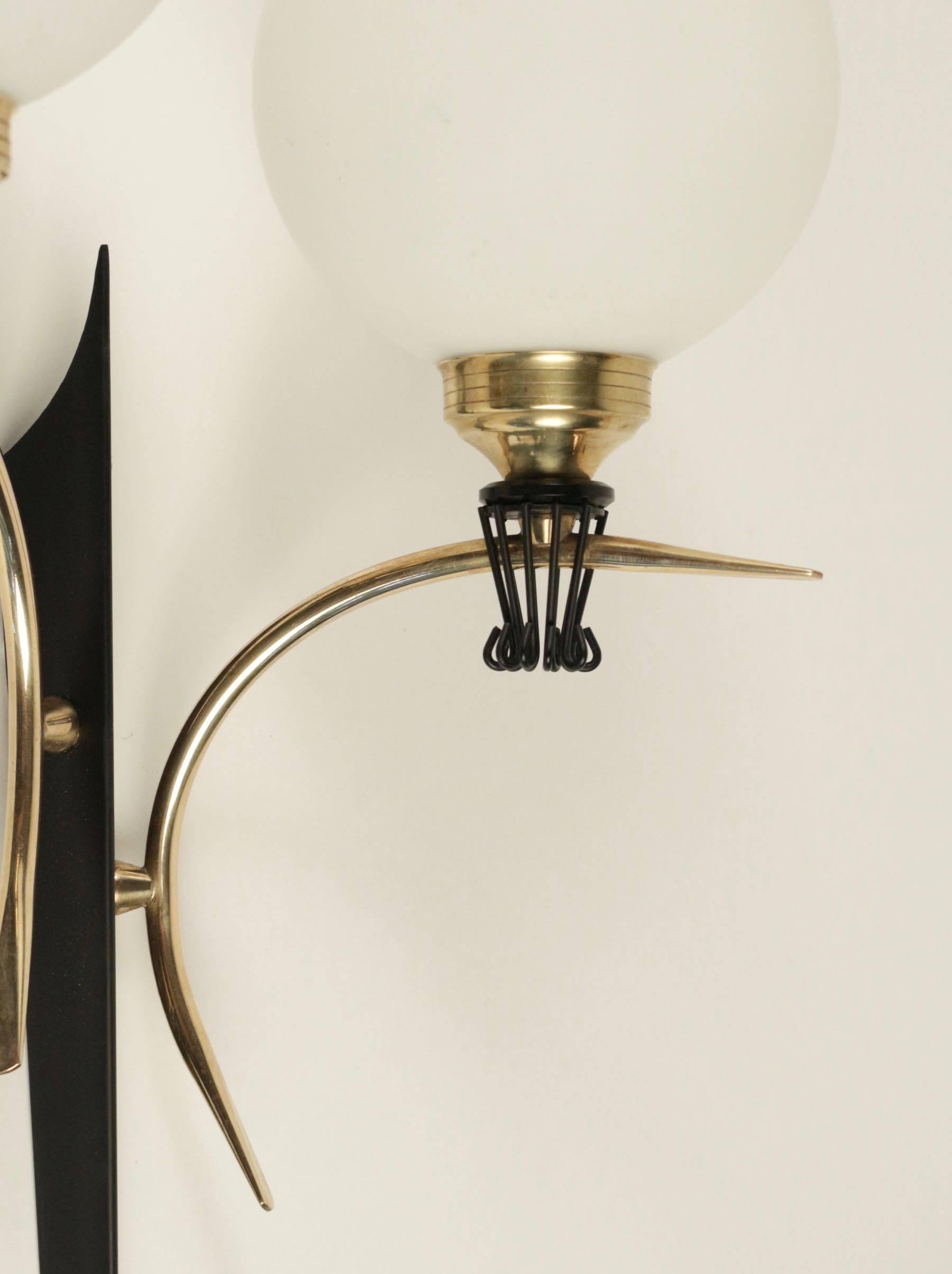 Large pair of sconce Maison Stilnovo Style, 1950.

The black lacquered back plate supports two curved brass arms. Two round opaline glass lampshades are highlighted by black collar and brass bulbs sockets.

Two bulbs per sconce.
