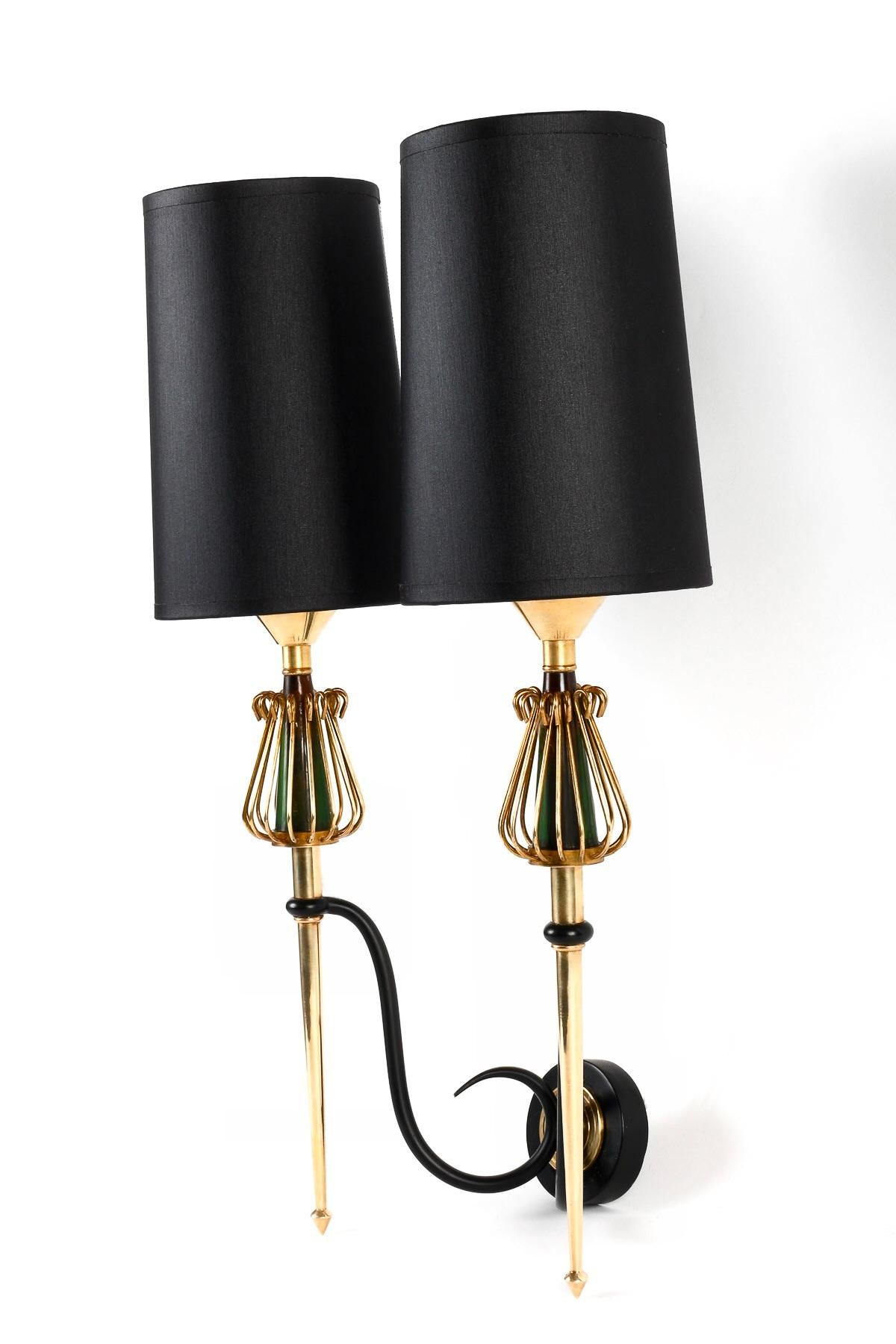 Brass 1950 Large pair of sconces by Maison Lunel