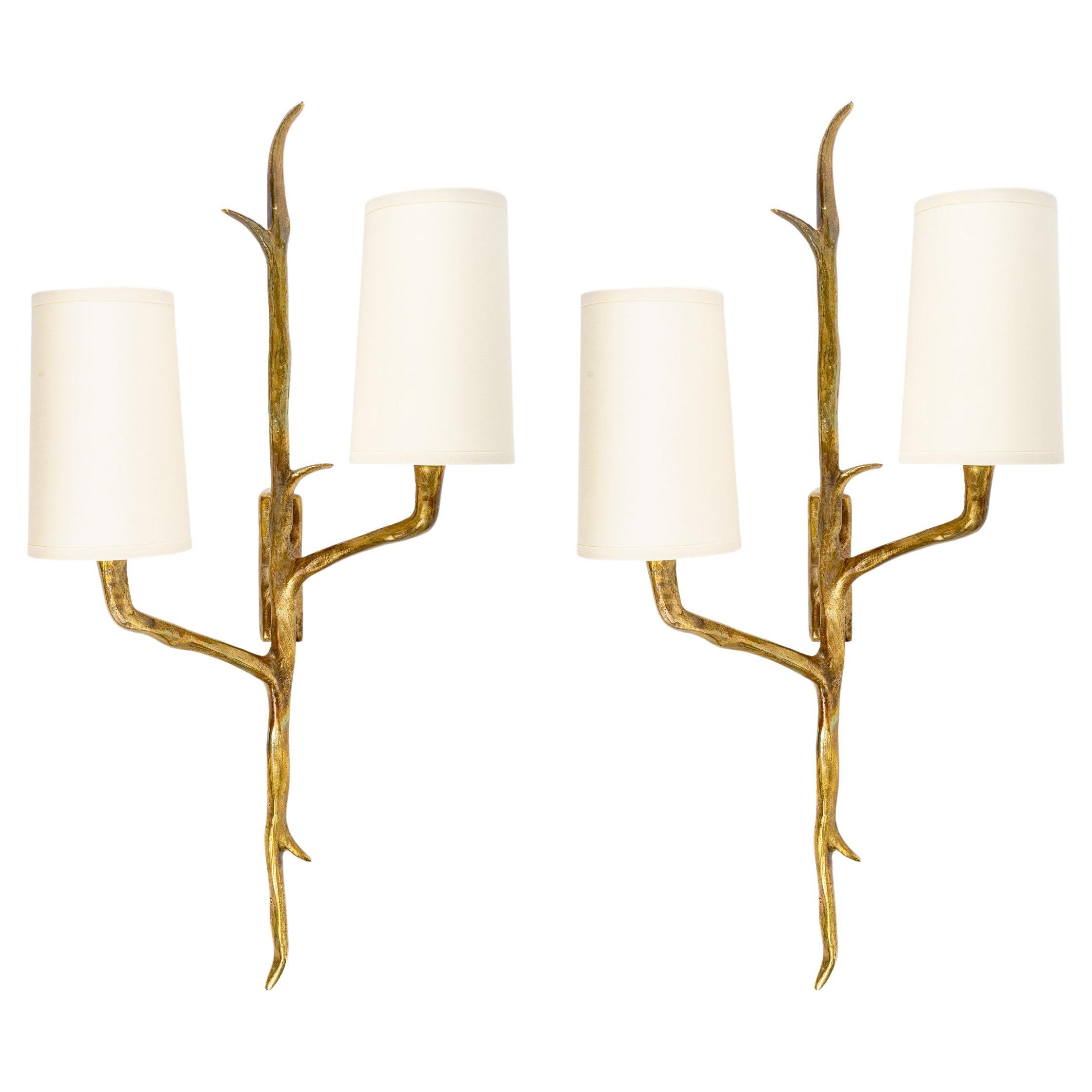 1950 Large Pair of Sconces in Bronze Félix Agostini for Arlus
