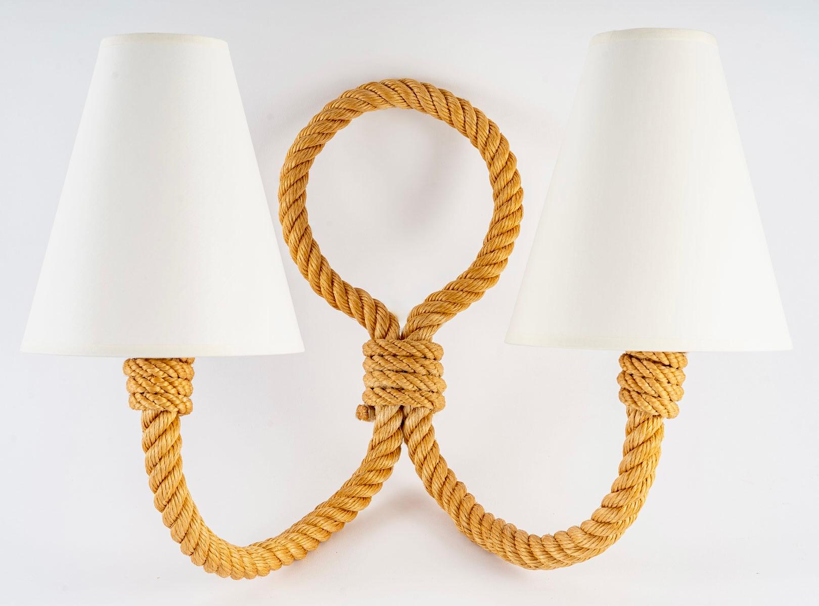 1950 Large Pair of Wall Lamps in Rope Audoux Minet 2