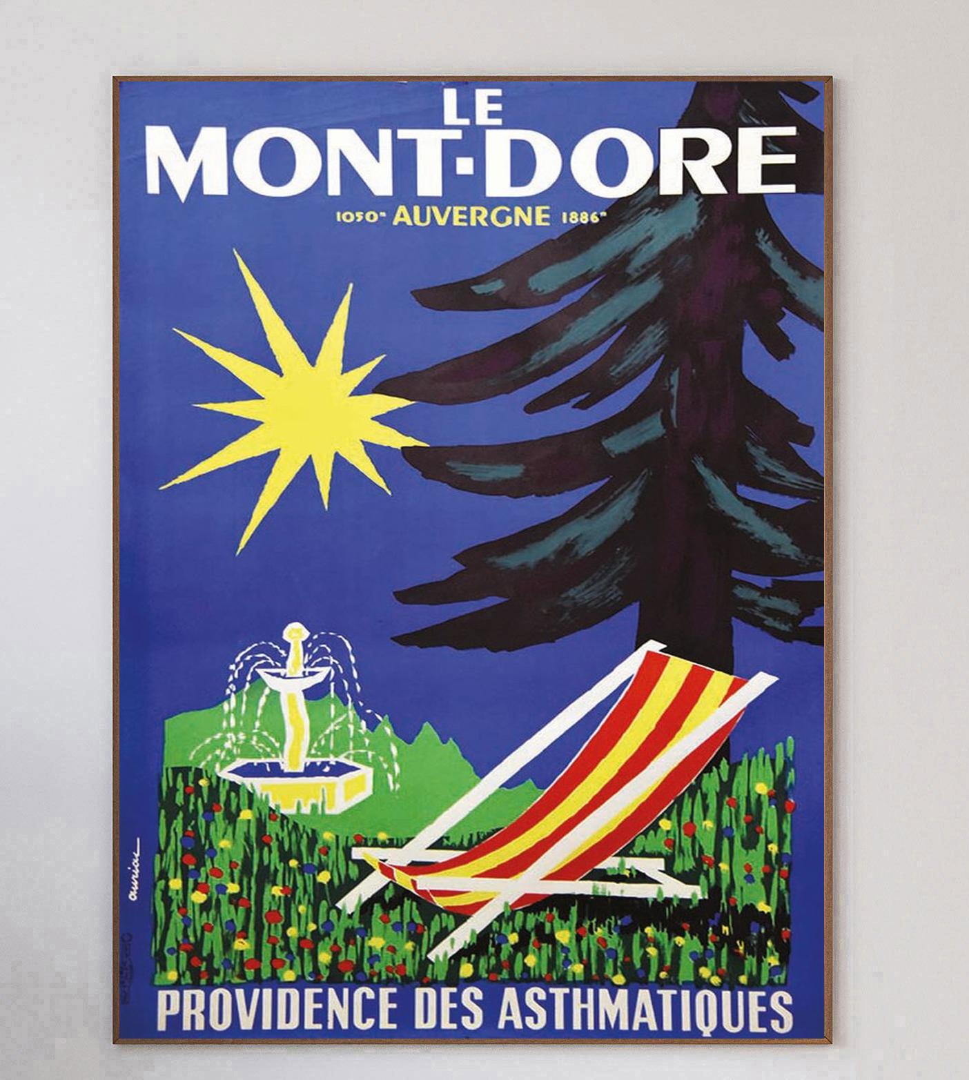 With fabulous artwork from French poster great Jacques Auriac, this lovely  poster was created in 1950 to advertise the Le Monte-Dore area in Auvergne-Rhone-Alpes in central France.

Depicting a bright, sunny day with a deck chair and a fountain