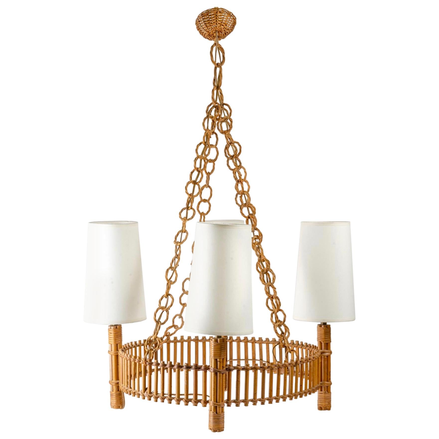1950s Bohemian Rattan Wicker Parasol Cluster Chandelier For Sale at 1stDibs