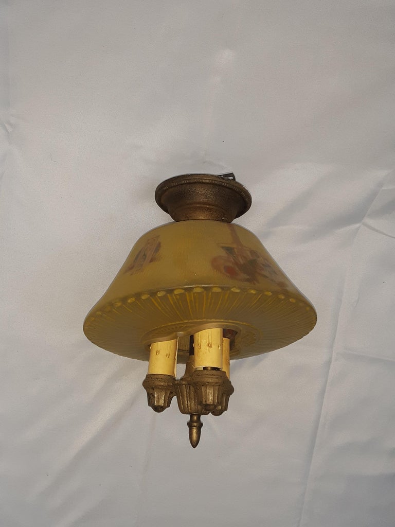French 1950 Louis XVI Painted Glass Pendant Light Set For Sale