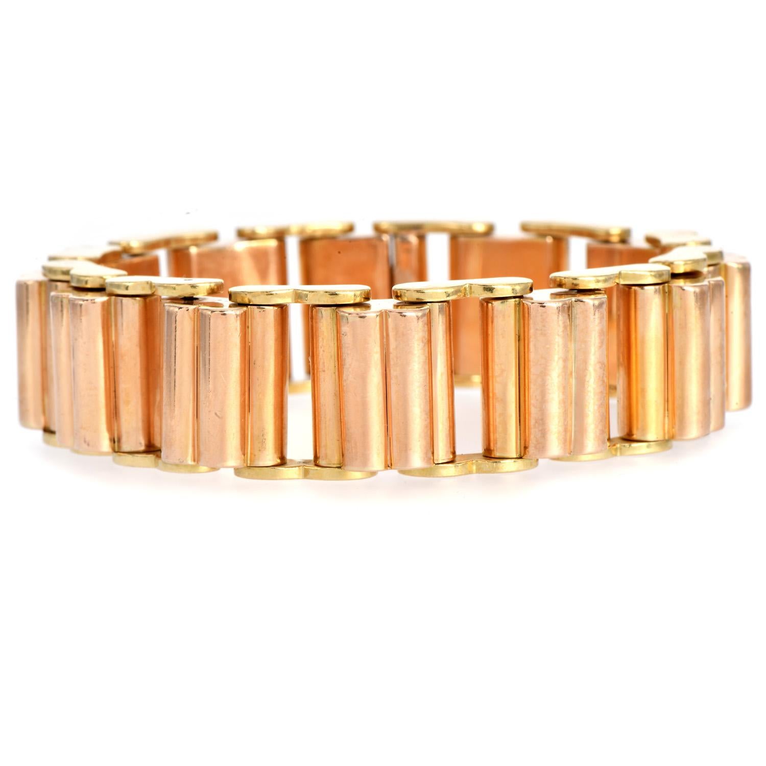 1950  Luxurious Two-Tone 18K Yellow and Rose Gold Bracelet - 88 Grams In Excellent Condition For Sale In Miami, FL