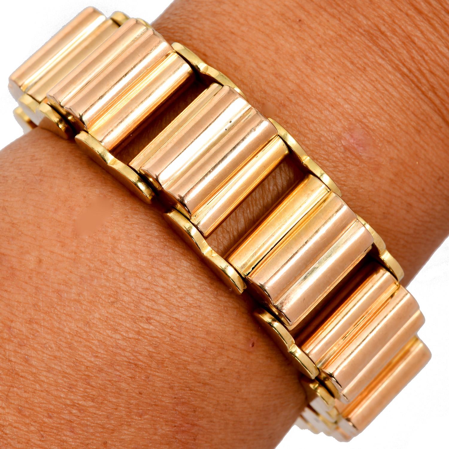 1950  Luxurious Two-Tone 18K Yellow and Rose Gold Bracelet - 88 Grams For Sale 2