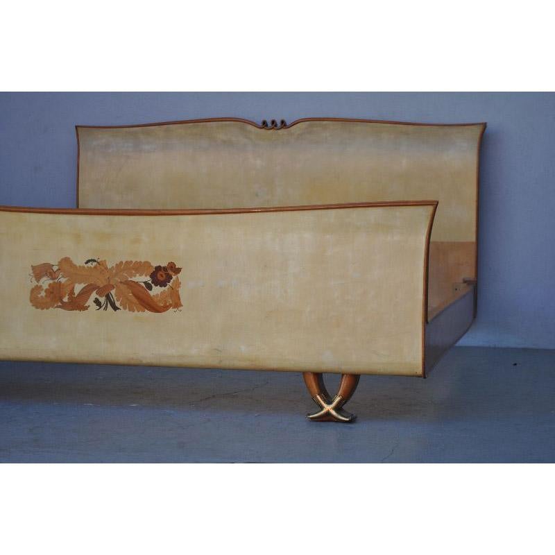 Italian 1950 Mahogany Parchment Bed and Marquetry by Paolo Buffa