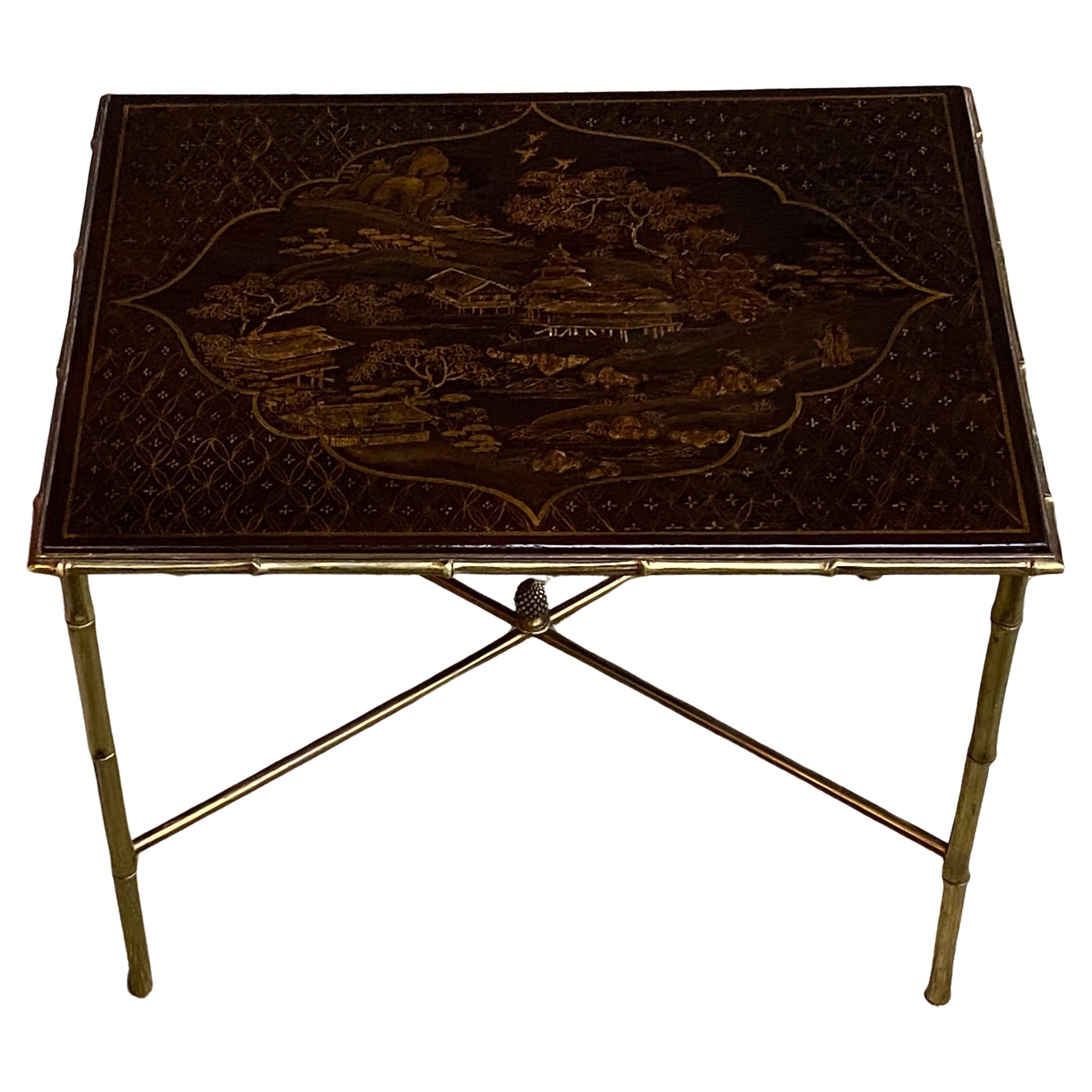 Table en bambou décorée de la Maison Bagus ou Jansen en bronze doré avec laque de Chine, 1950 en vente
