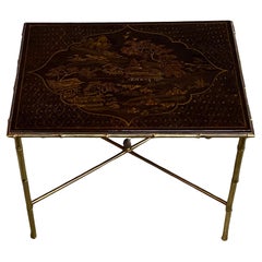 Vintage 1950 ′ Maison Baguès or Jansen Table Bamboo Decor in Gilt Bronze with China Lacq