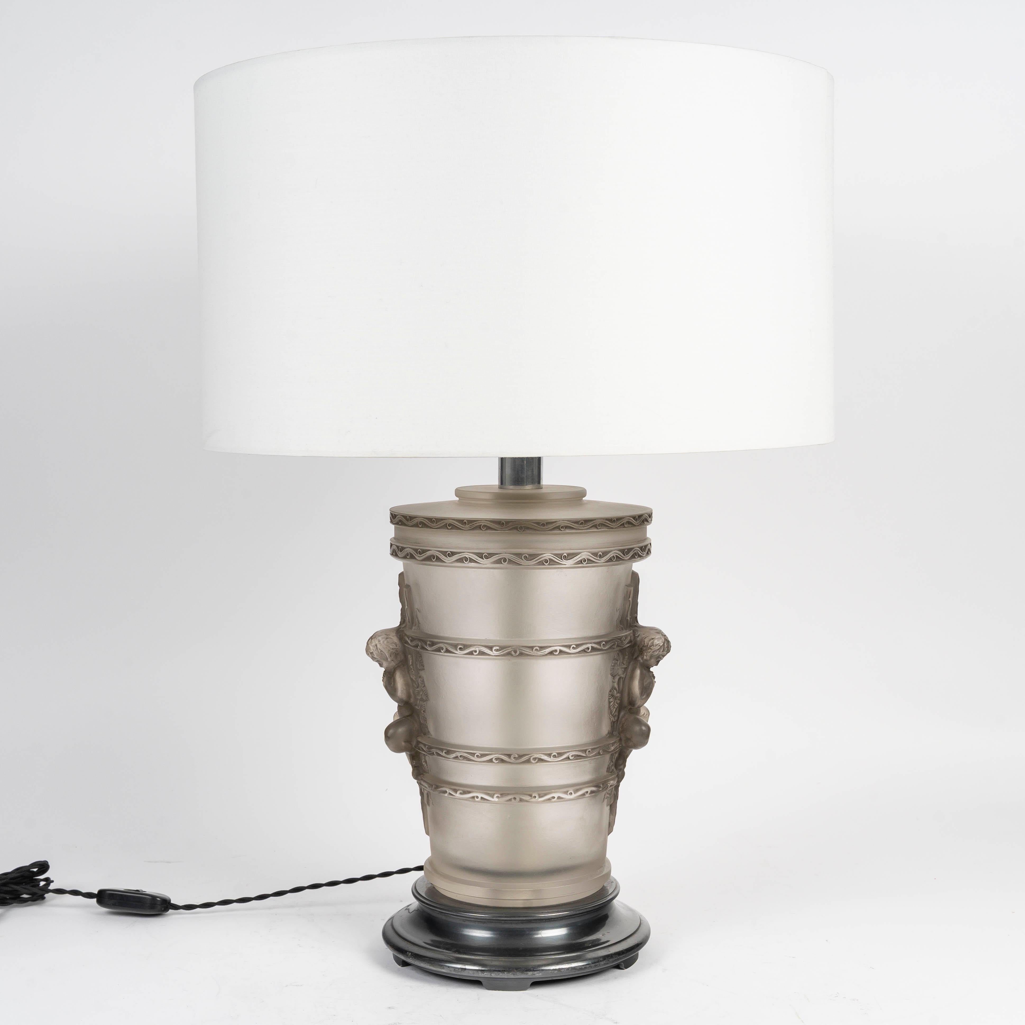 Art Deco 1950 Marc Lalique - Lamp Faune Pan Frosted Crystal with Grey Patina For Sale