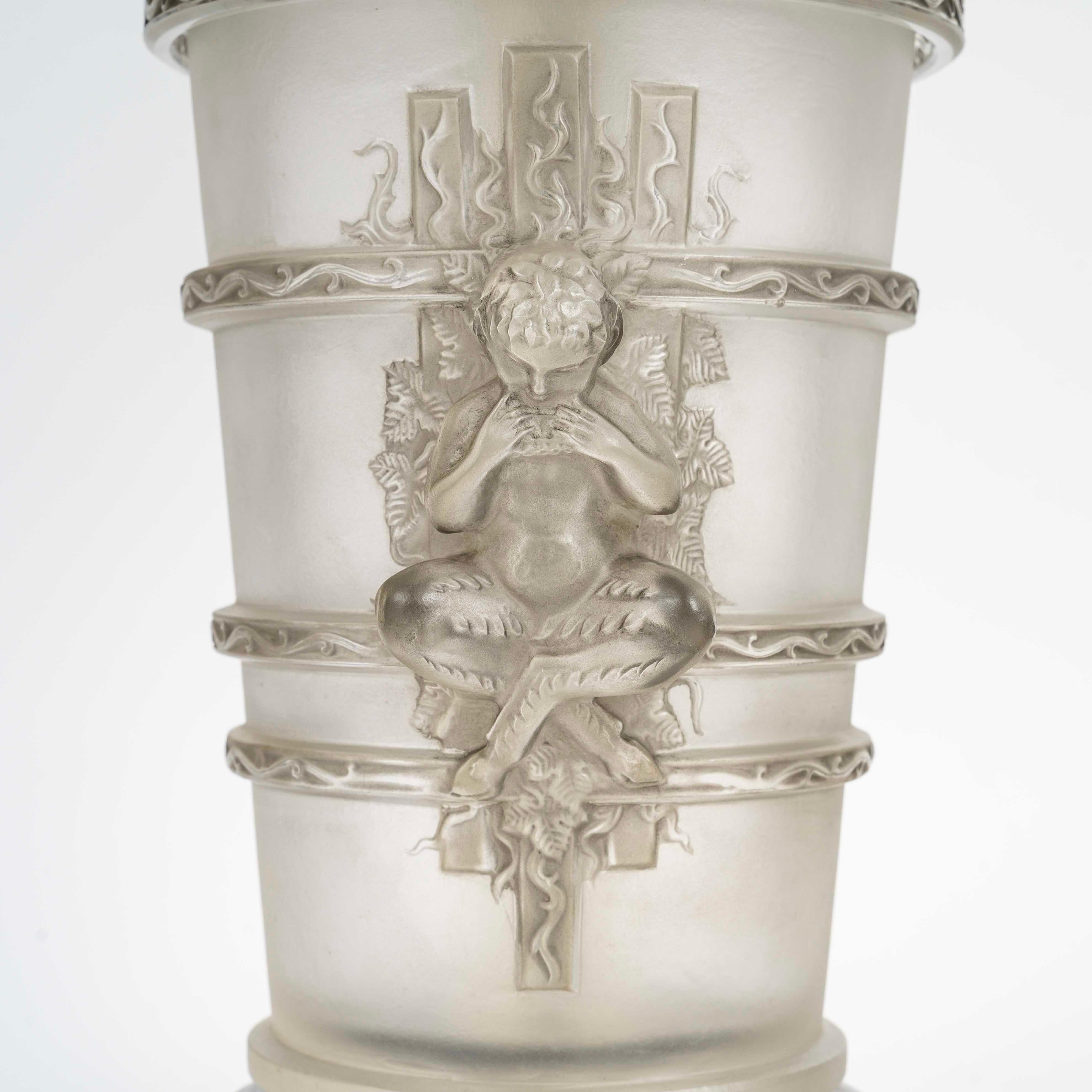 Molded 1950 Marc Lalique - Lamp Faune Pan Frosted Crystal with Grey Patina For Sale