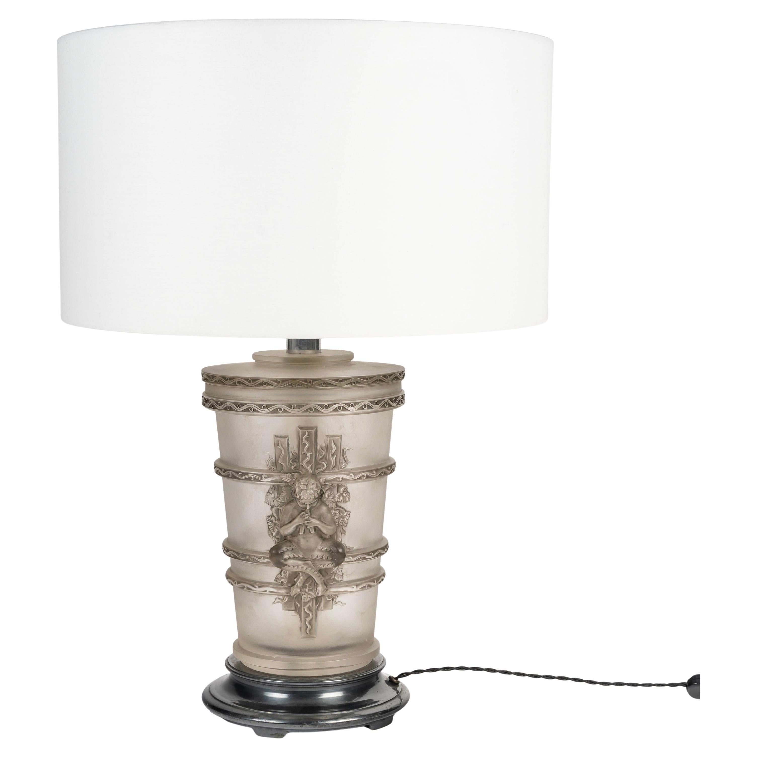 1950 Marc Lalique - Lamp Faune Pan Frosted Crystal with Grey Patina For Sale