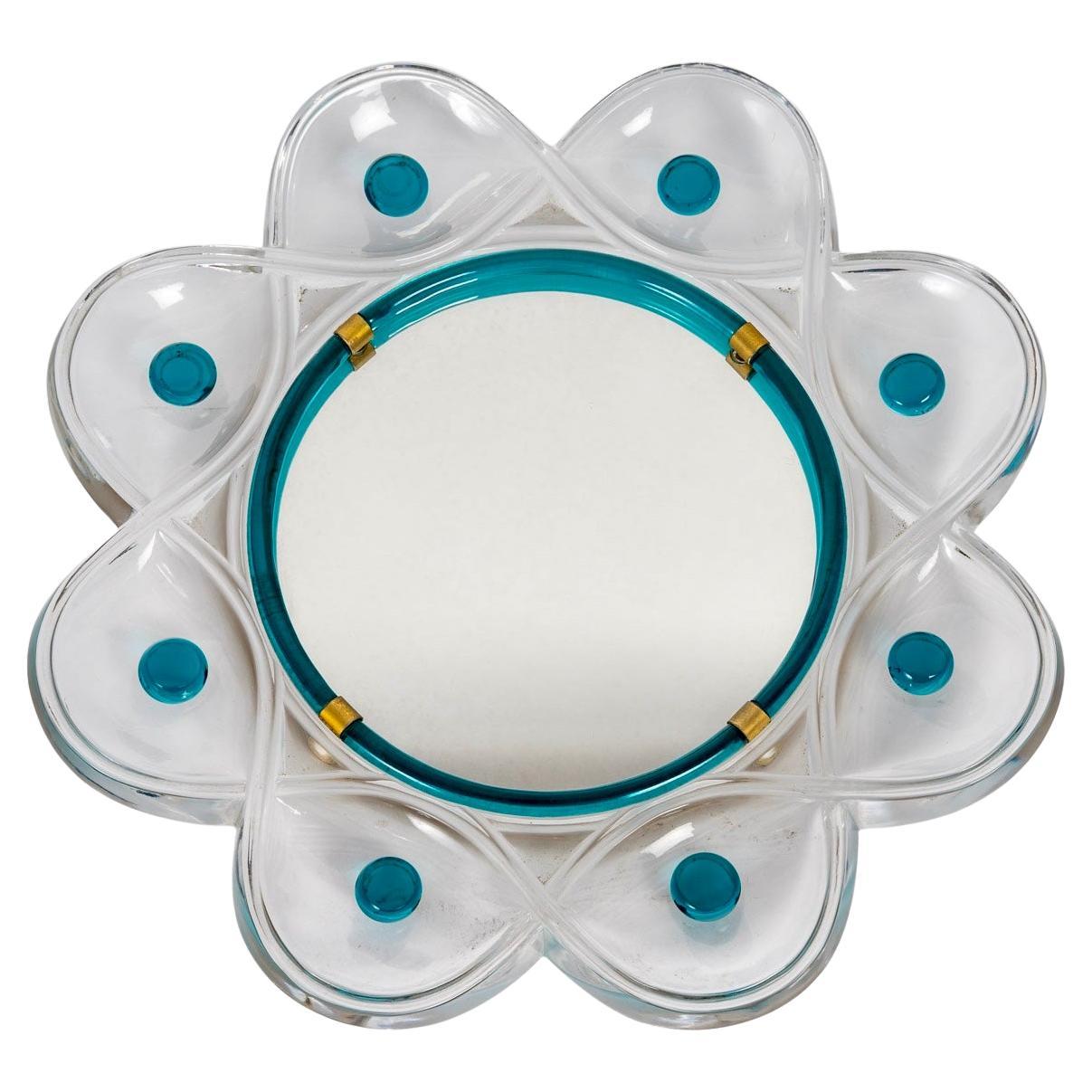 1950 Marc Lalique Mirror Floride Clear and Turquoise Crystal  For Sale