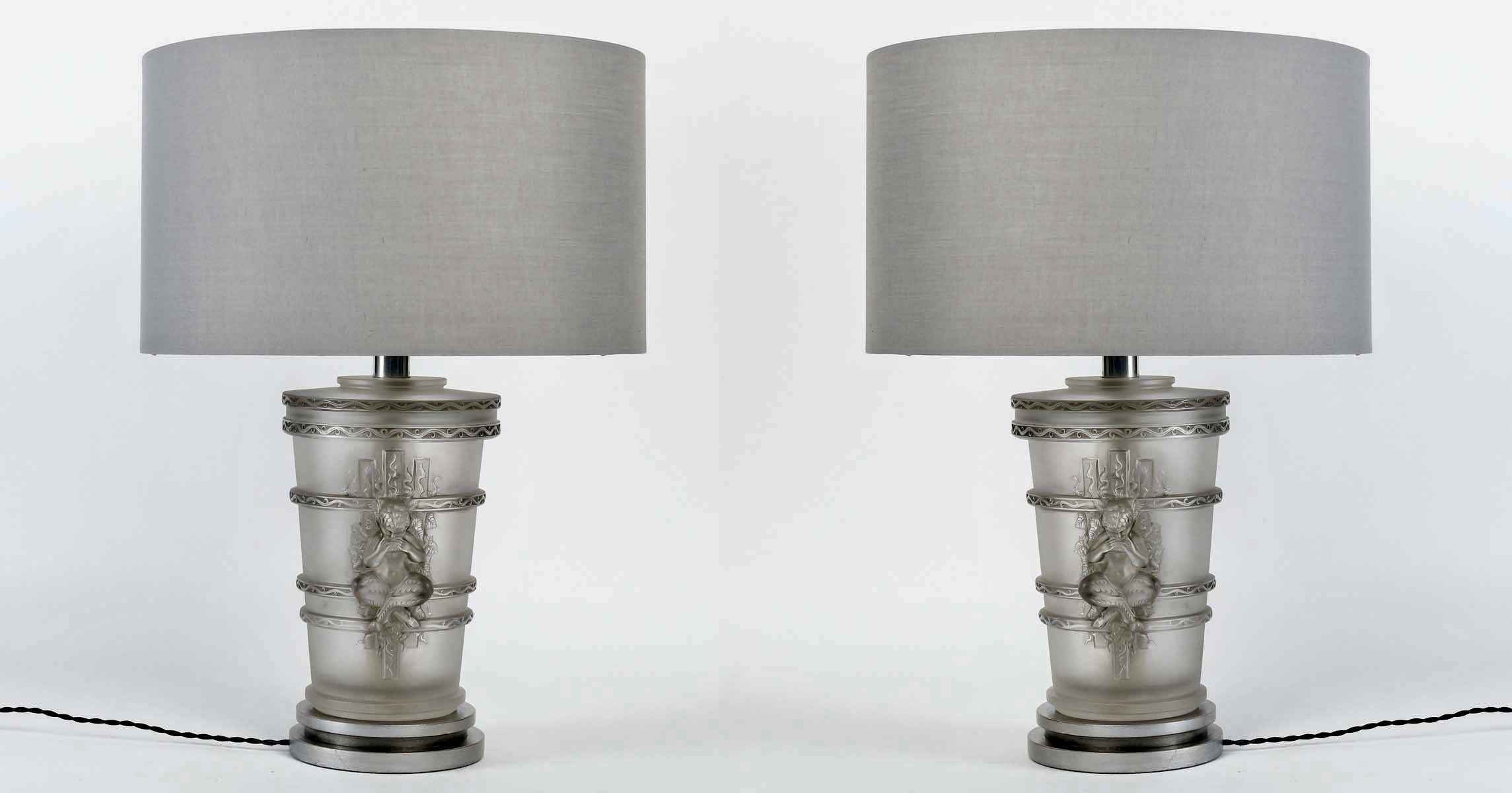 Art Deco 1950 Marc Lalique Pair of Lamps Faune Pan Frosted Crystal with Grey Patina