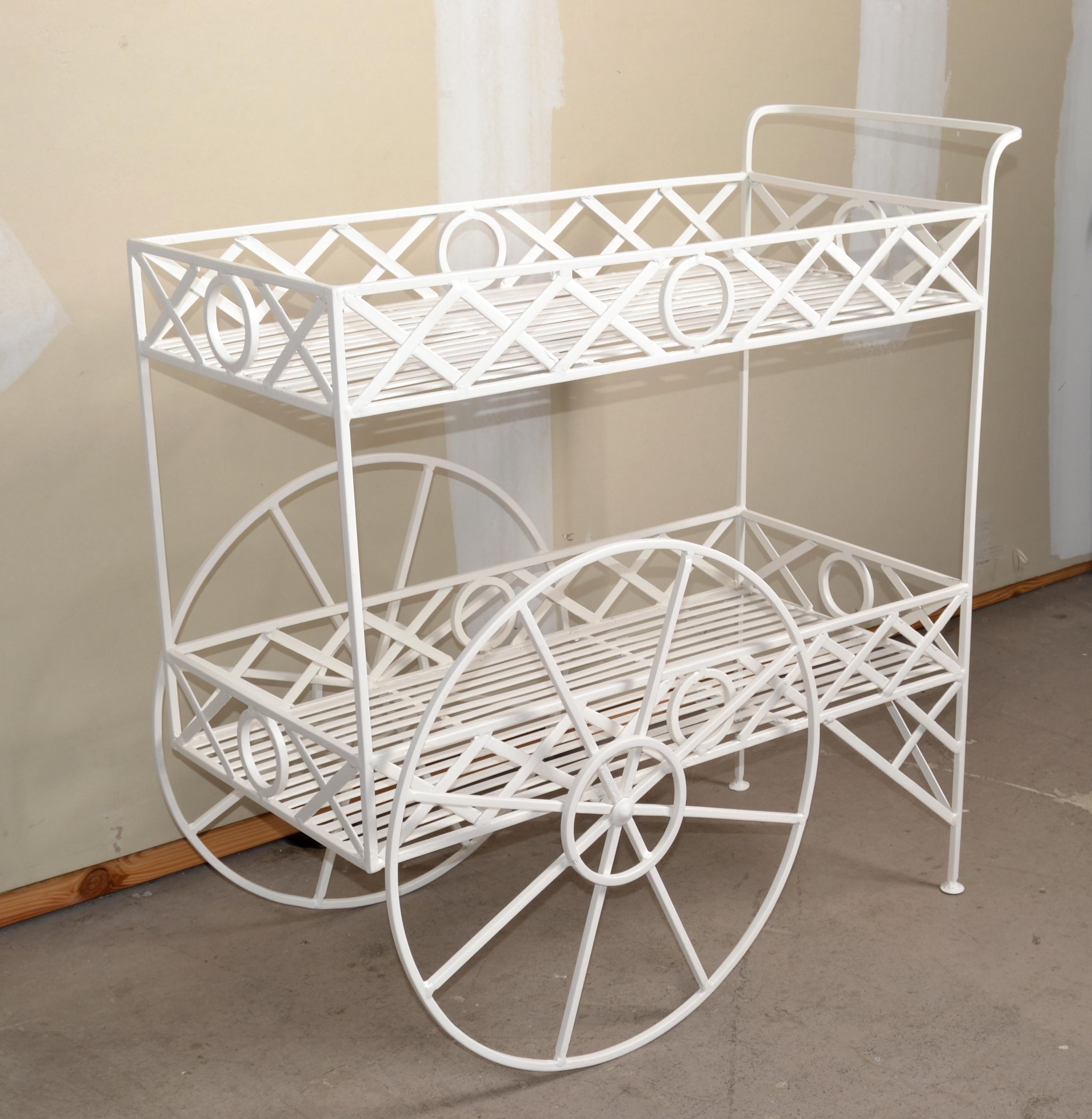 1950s Mid-Century Modern Paris Style 2 Tier Outdoor Dry Bar Cart, Kitchen Cart, Marketplace Flower cart in white Finish.  
Handcrafted Metal slabs with raised borders and two large wheels. Whimsical Tic Tac Toe Design brings Fun to any