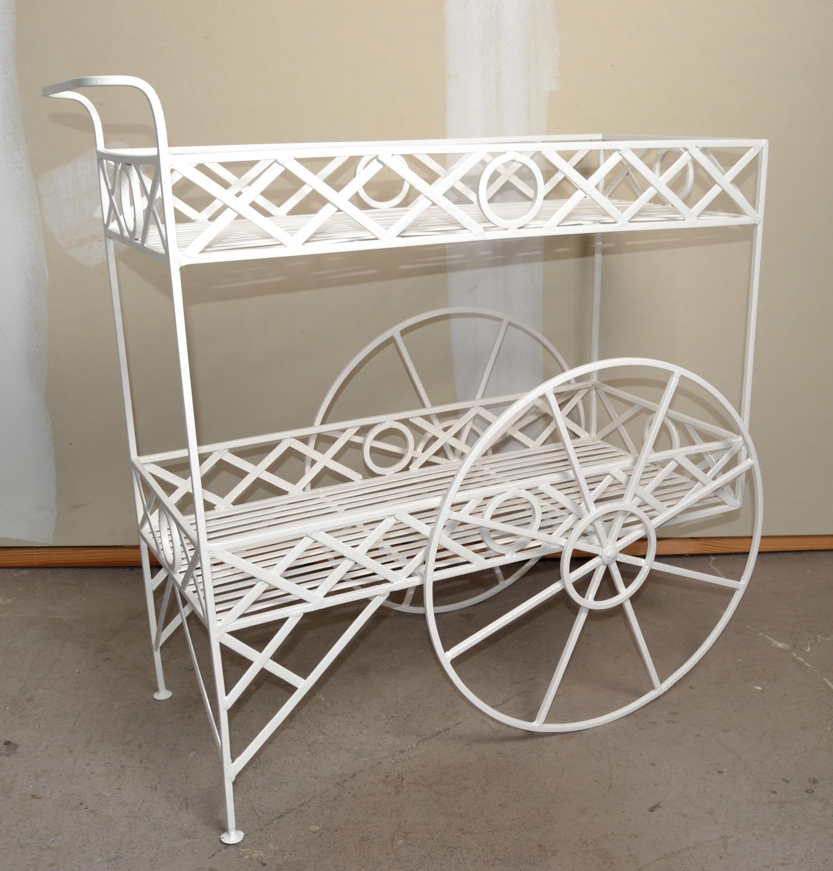 Mid-Century Modern 1950 Mediterrane Antique White Metal Indoor Outdoor Dry Bar Kitchen Cart France  For Sale