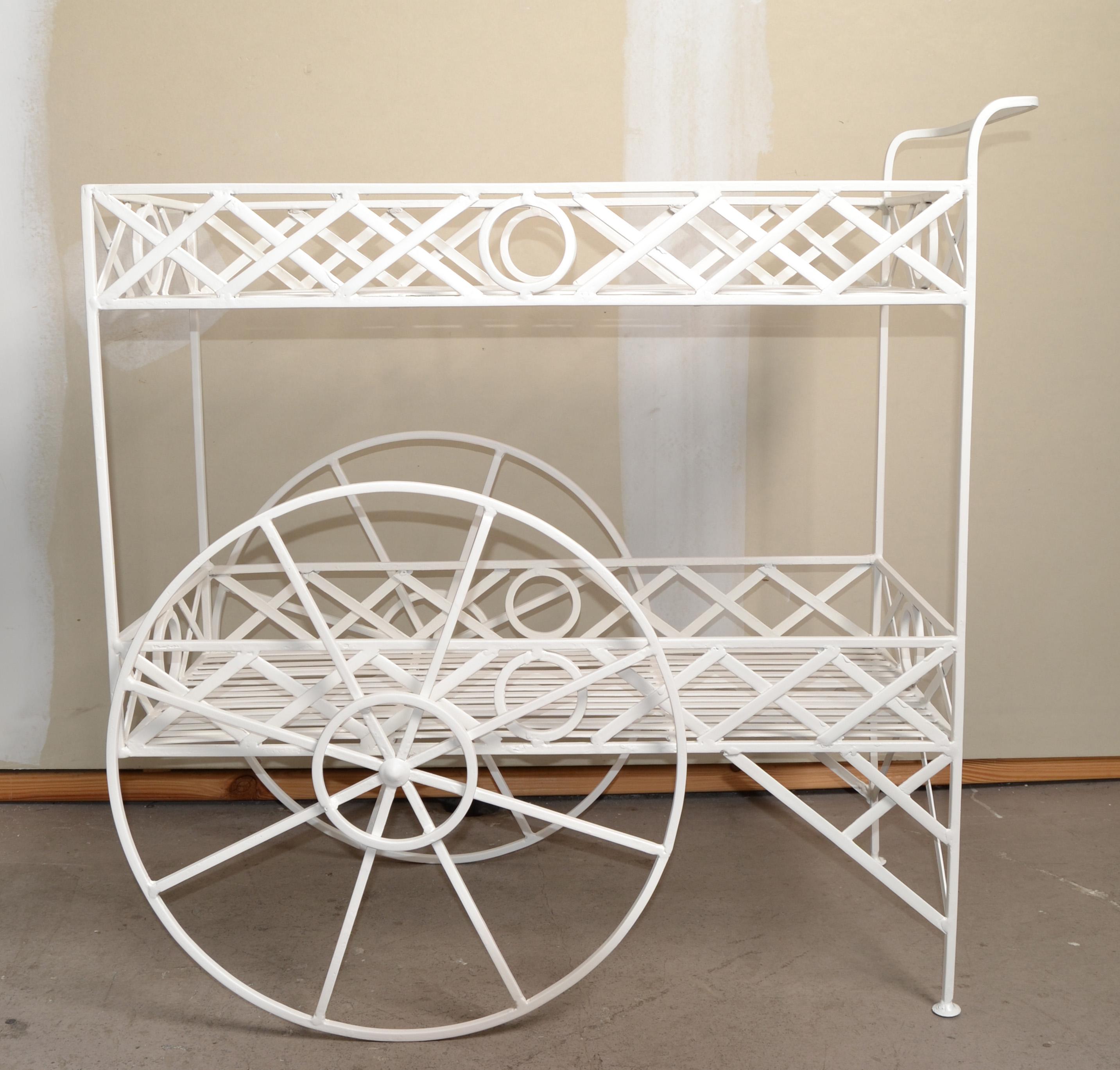 French 1950 Mediterrane Antique White Metal Indoor Outdoor Dry Bar Kitchen Cart France  For Sale