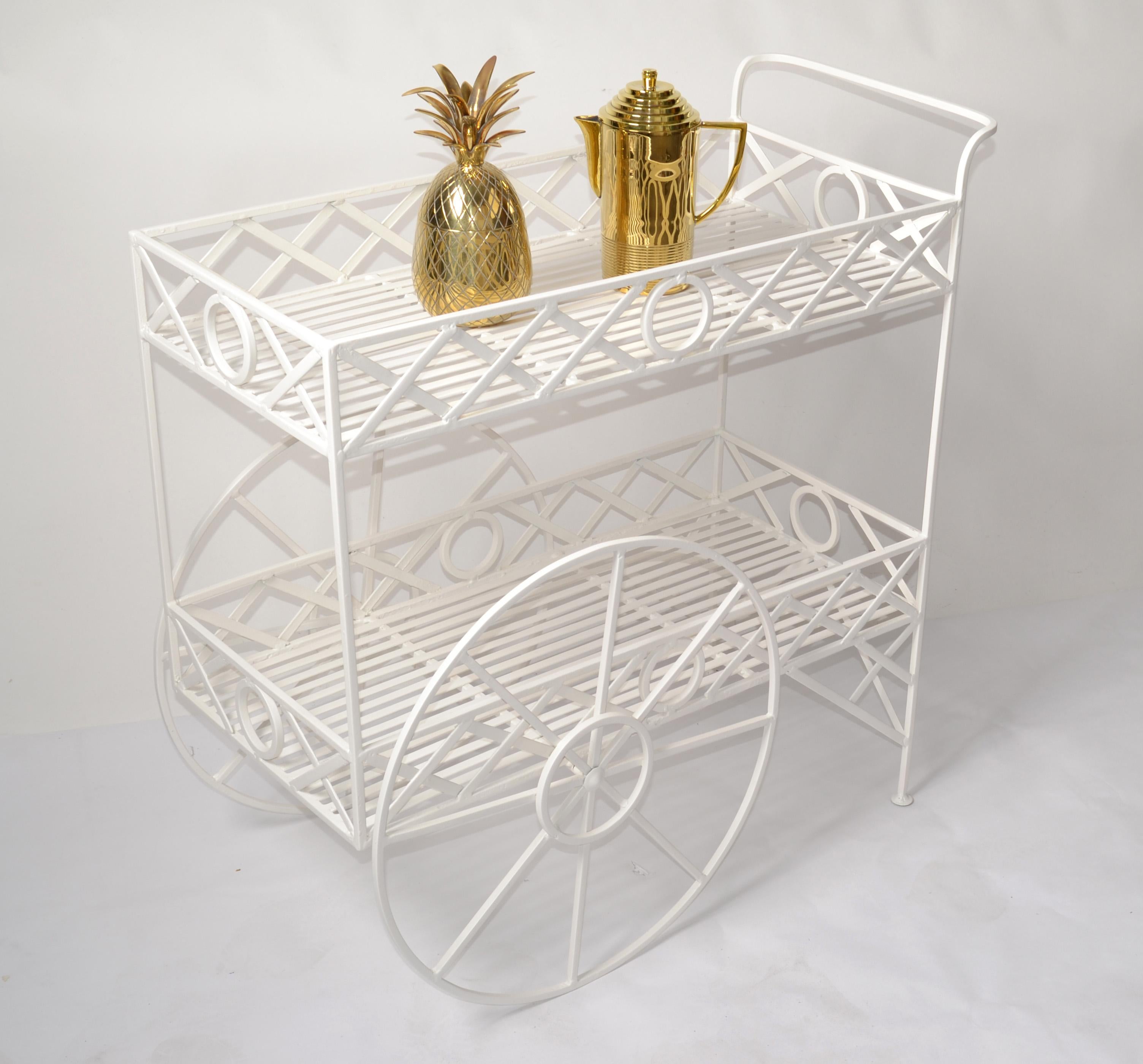 Hand-Crafted 1950 Mediterrane Antique White Metal Indoor Outdoor Dry Bar Kitchen Cart France  For Sale