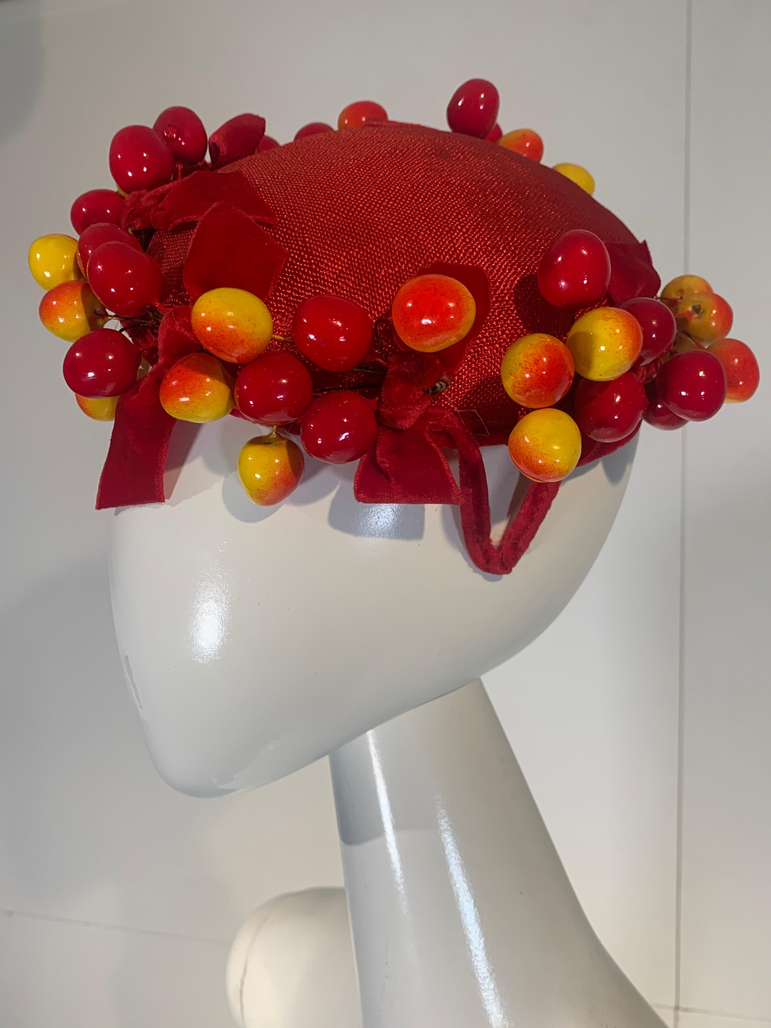 Gray 1950 Merten Cherry Blushed Fruit & Red Straw Hat W/Velvet Bows 