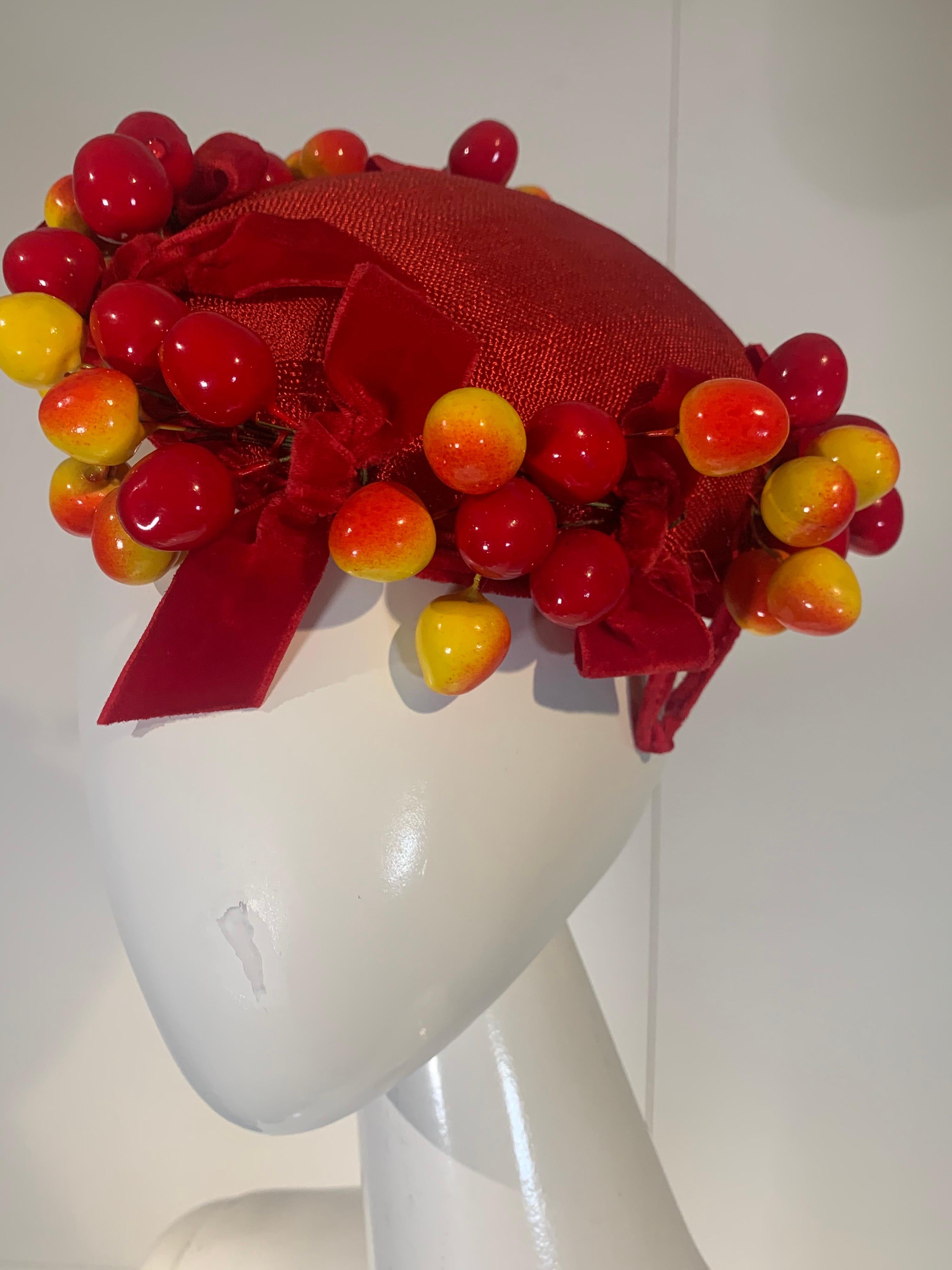 Women's 1950 Merten Cherry Blushed Fruit & Red Straw Hat W/Velvet Bows 