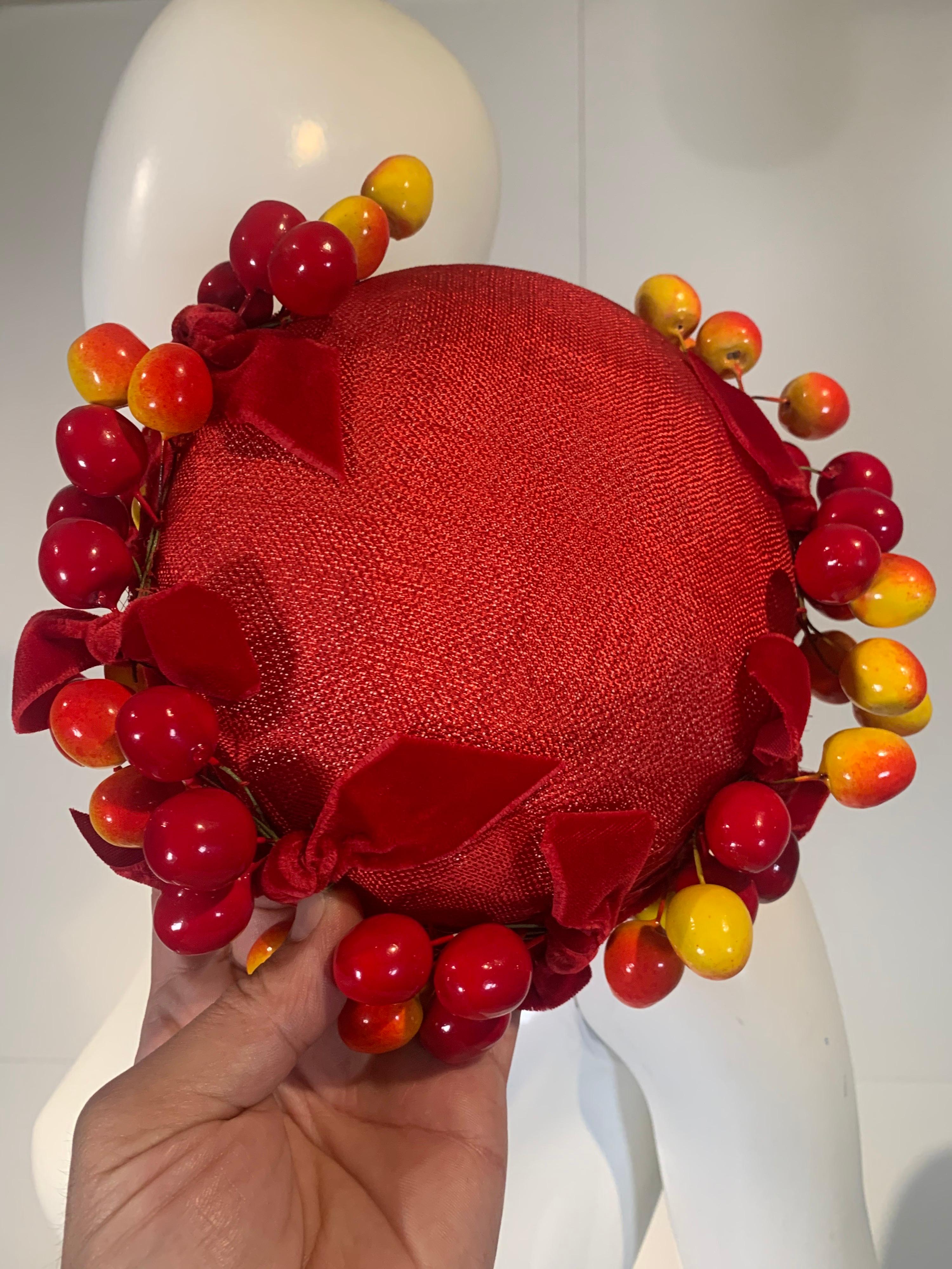 1950 Merten Cherry Blushed Fruit & Red Straw Hat W/Velvet Bows 