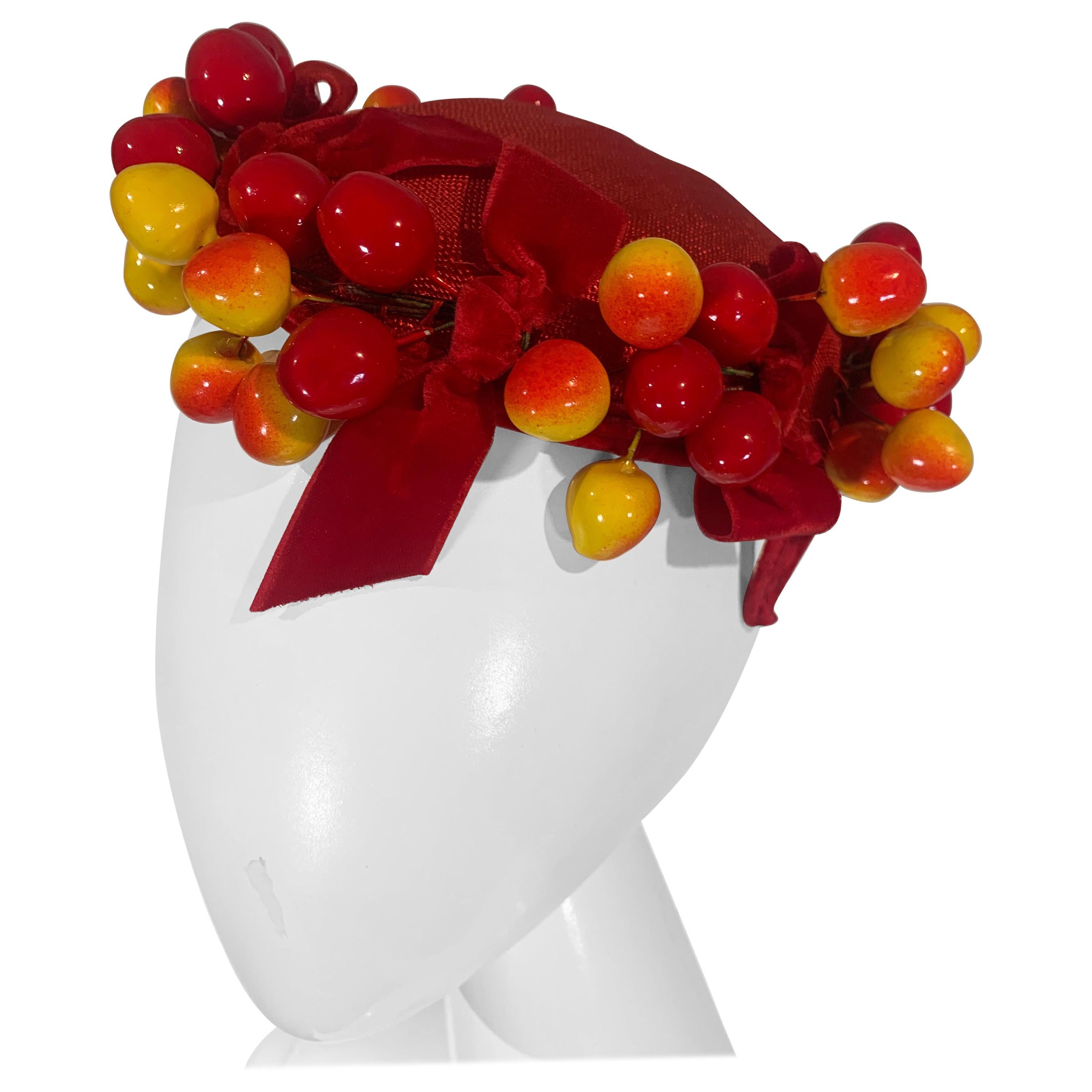 1950 Merten Cherry Blushed Fruit & Red Straw Hat W/Velvet Bows "Delicious"