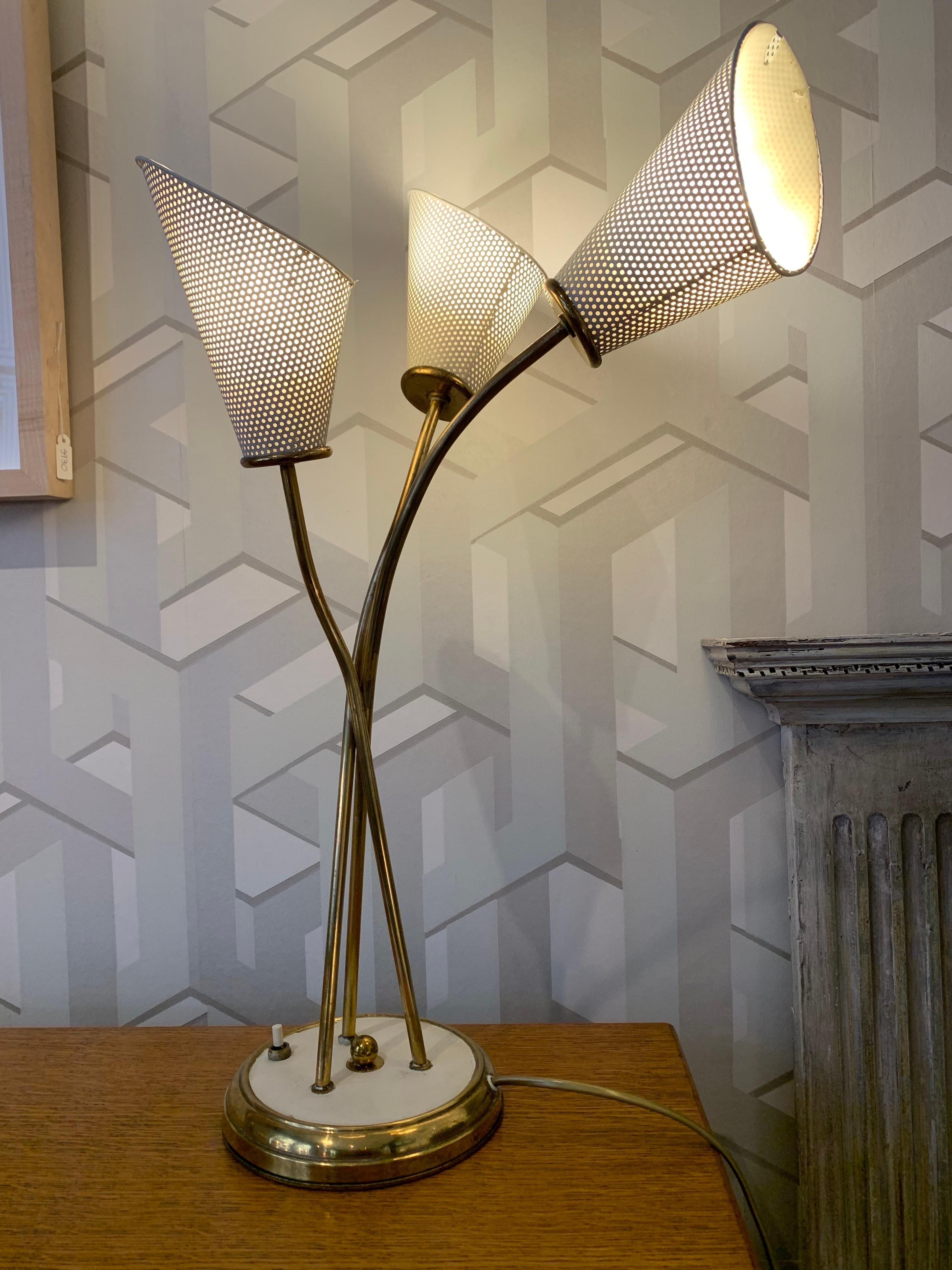 1950 Mid Century Mathieu Mategot Perforated Metal and Brass Table Lamp For Sale 4