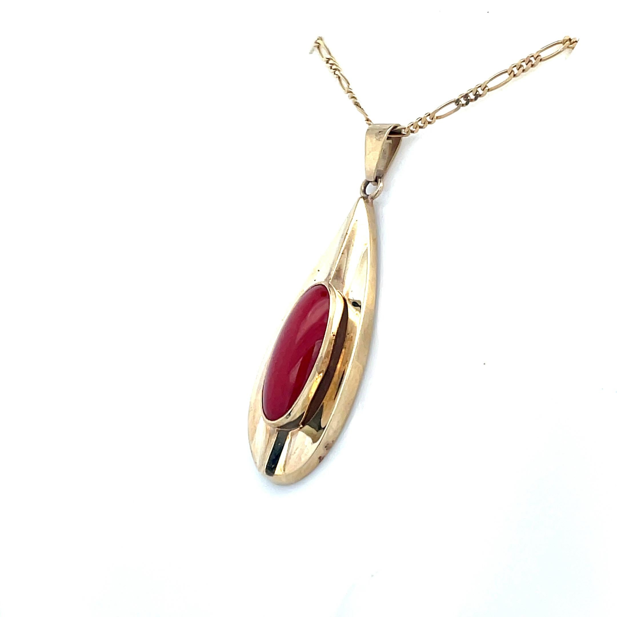 Cabochon 1950 Mid-Century Un-Dyed Intense Red Coral Pendant 