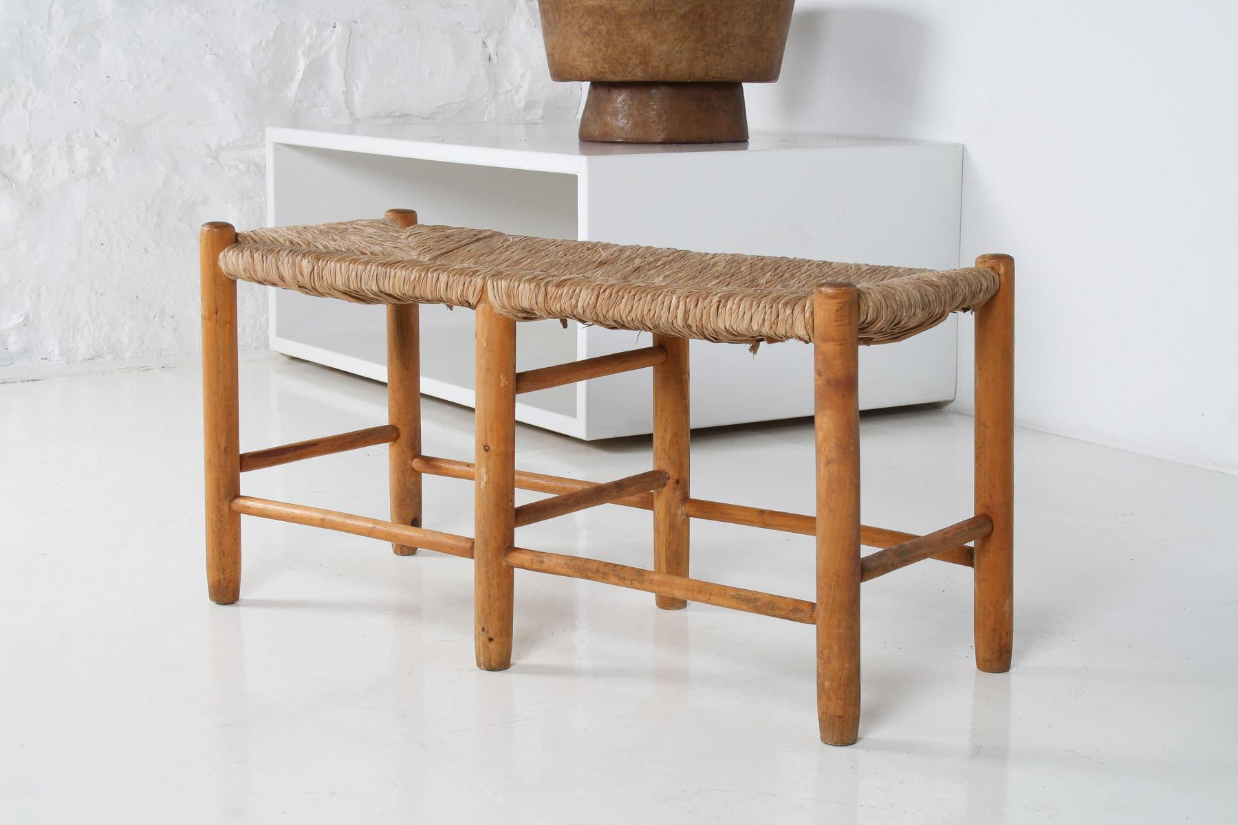 1950 MidCentury French Straw Woven Bench Seat in the Style of Charlotte Perriand 6