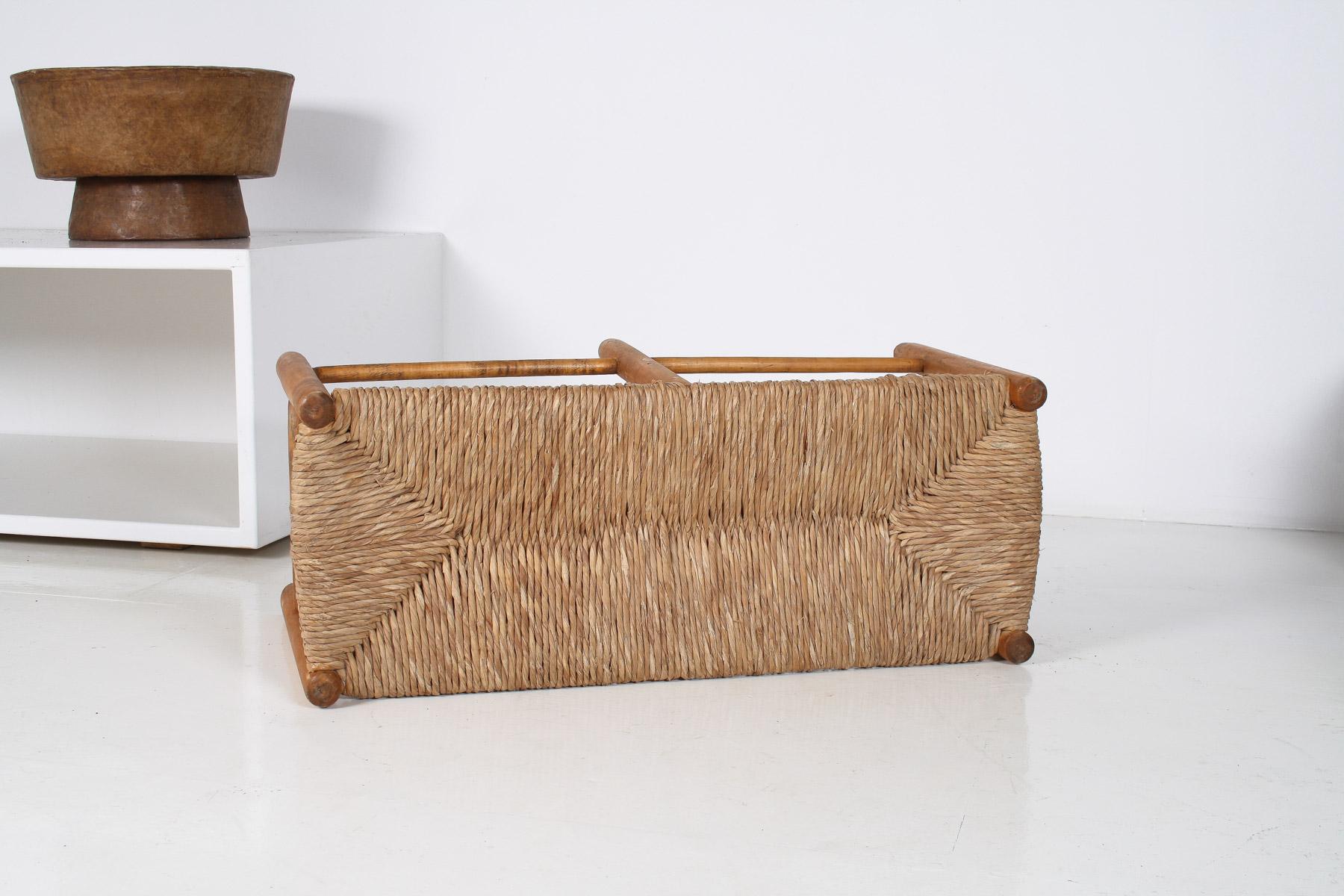 1950 MidCentury French Straw Woven Bench Seat in the Style of Charlotte Perriand 14