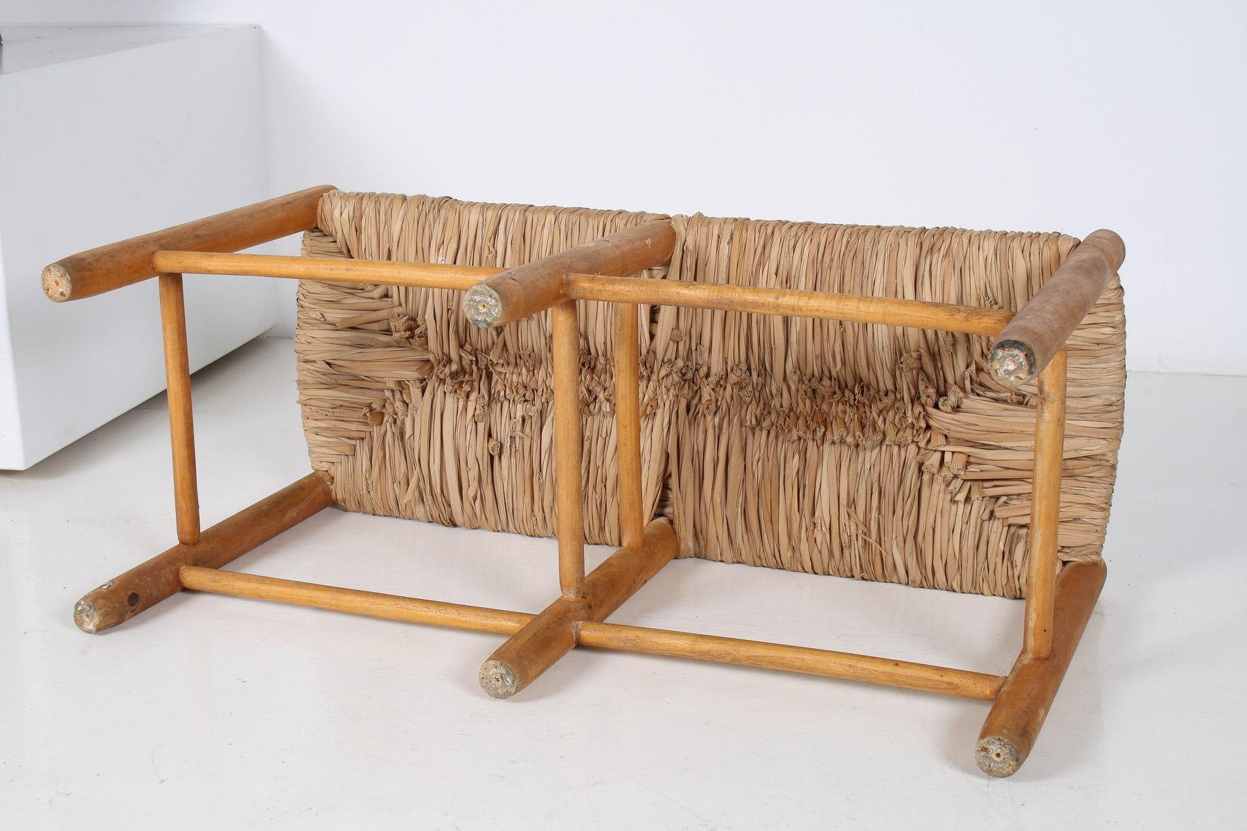 1950 MidCentury French Straw Woven Bench Seat in the Style of Charlotte Perriand 15