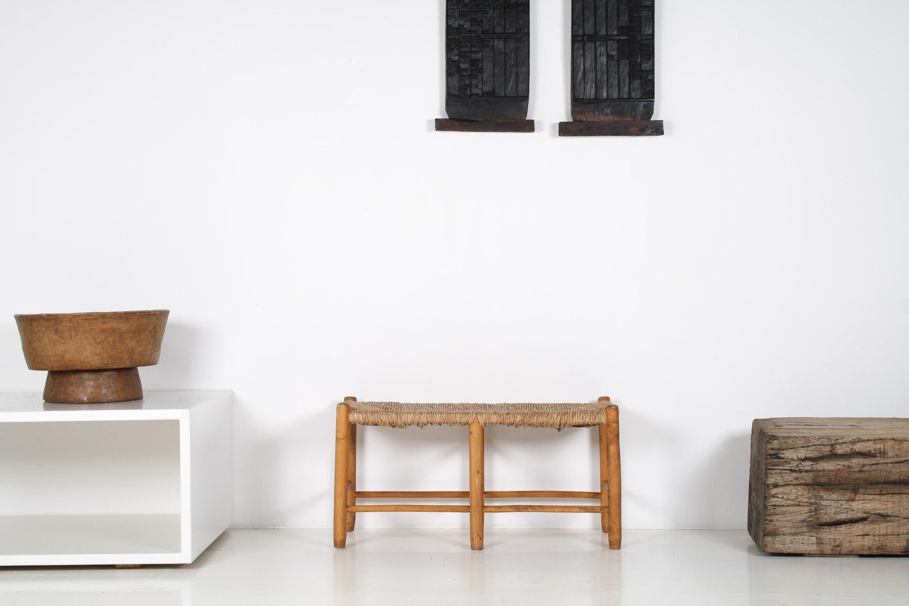 1950 MidCentury French Straw Woven Bench Seat in the Style of Charlotte Perriand 16