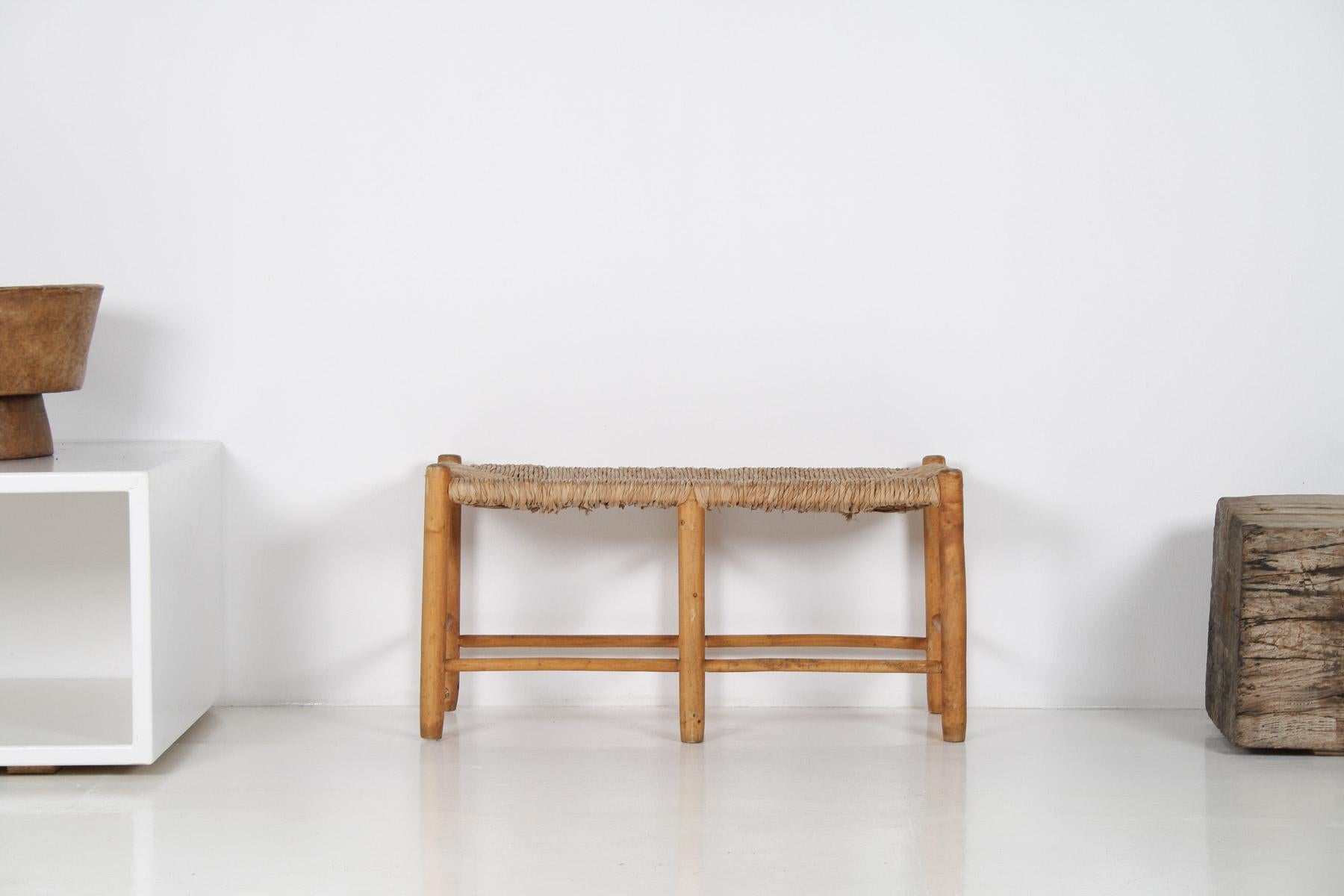 1950 MidCentury French Straw Woven Bench Seat in the Style of Charlotte Perriand In Good Condition In Llanbrynmair, GB