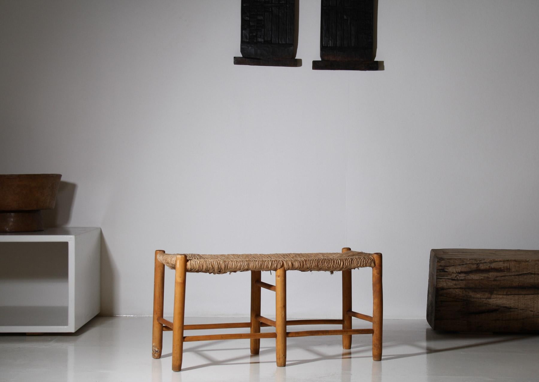 20th Century 1950 MidCentury French Straw Woven Bench Seat in the Style of Charlotte Perriand