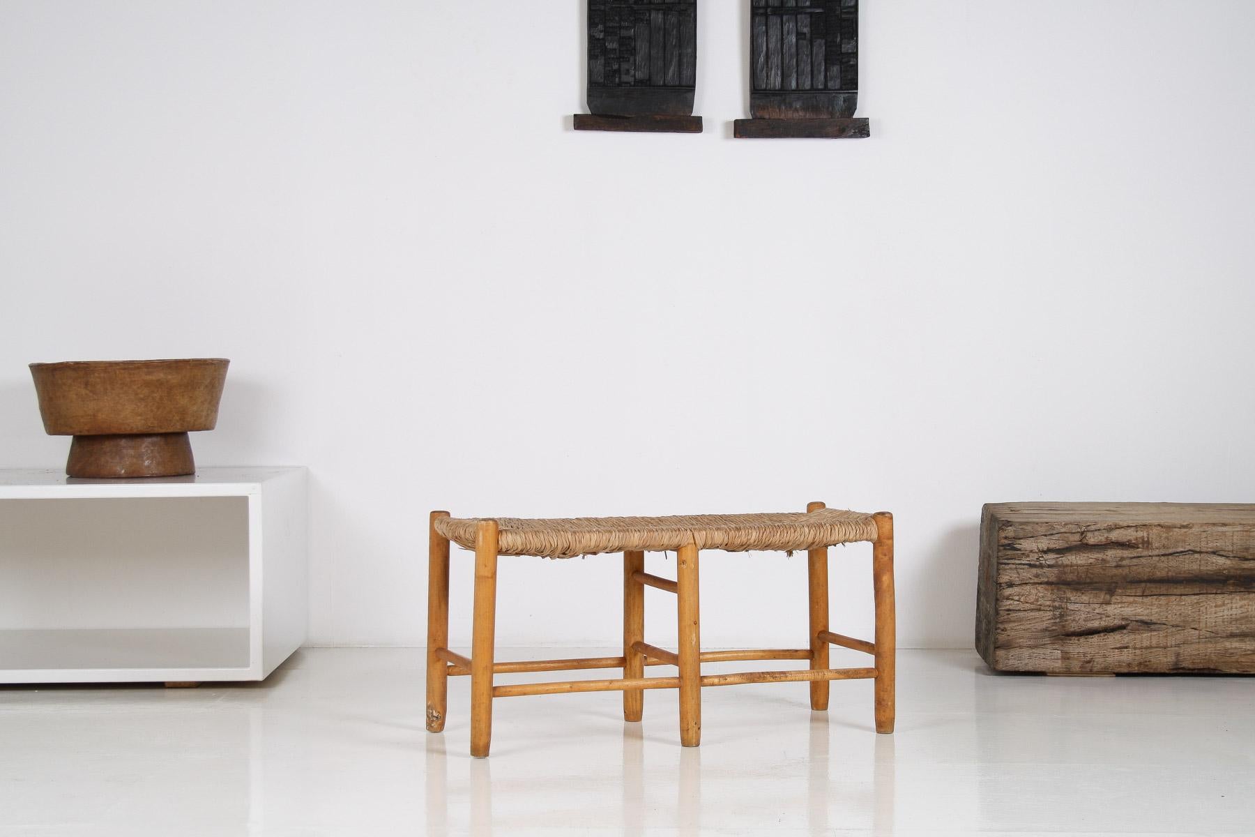 1950 MidCentury French Straw Woven Bench Seat in the Style of Charlotte Perriand 1