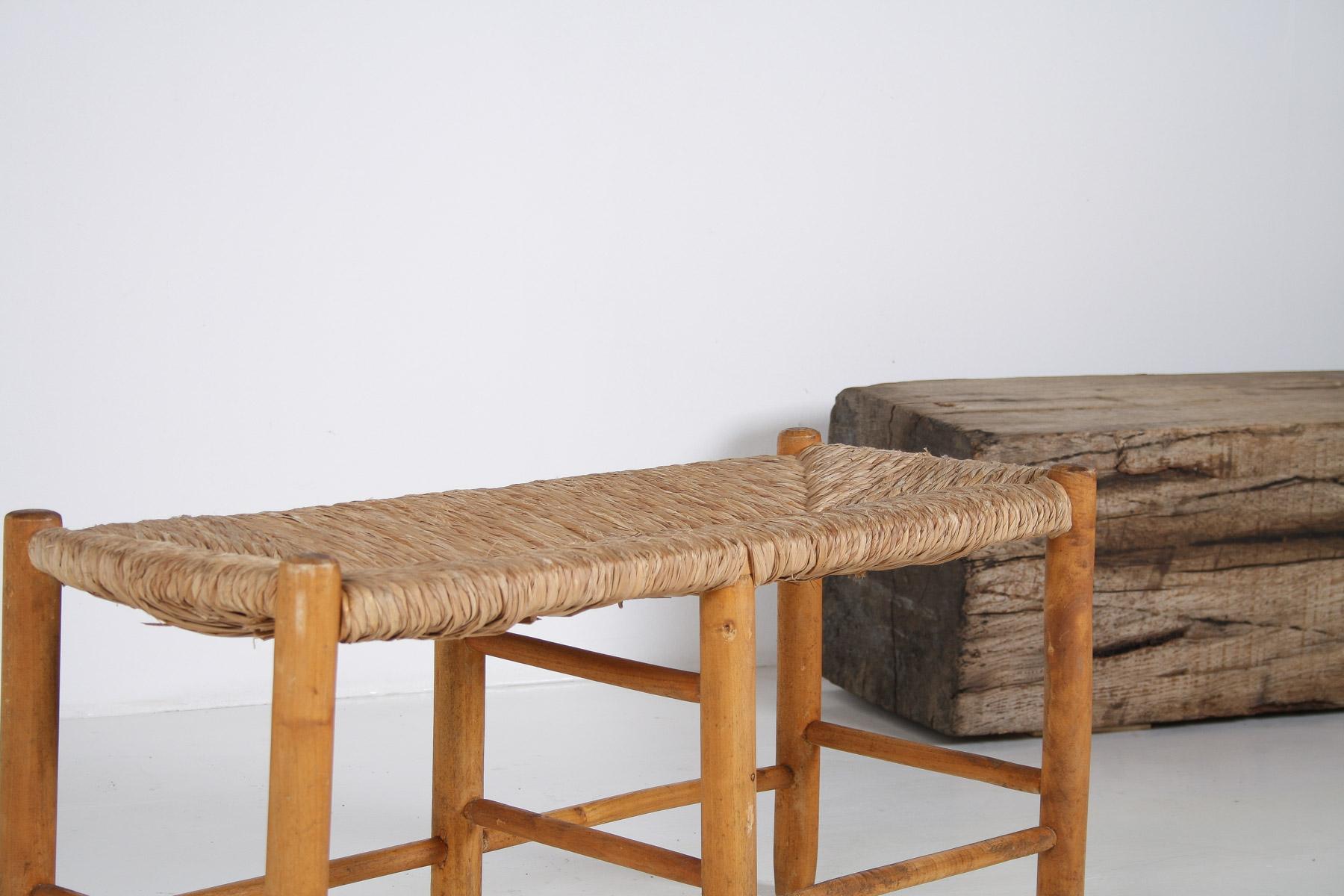 1950 MidCentury French Straw Woven Bench Seat in the Style of Charlotte Perriand 2