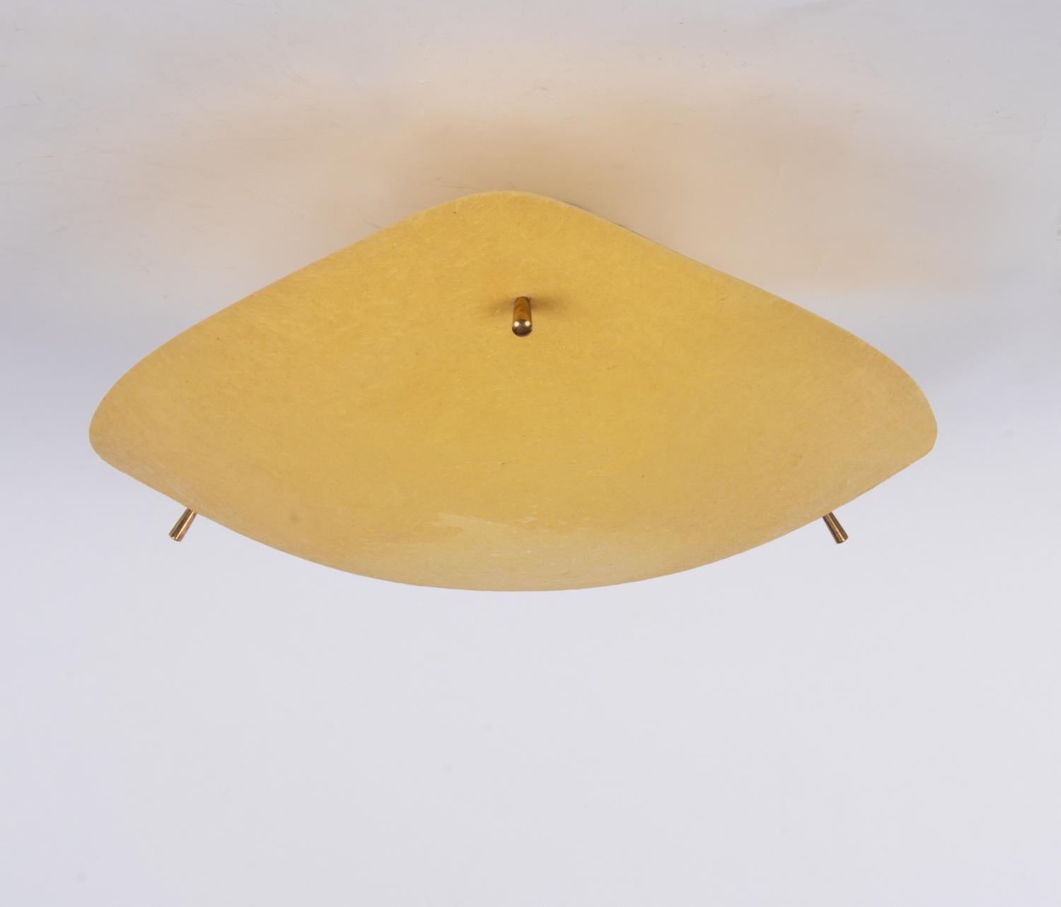 Mid-Century Modern 1950, Mid Century Flush Mount 'Flying Saucer' Yellow Fiberglass & Brass For Sale