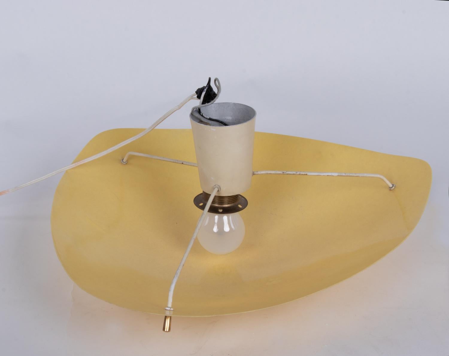 Metal 1950, Mid Century Flush Mount 'Flying Saucer' Yellow Fiberglass & Brass For Sale