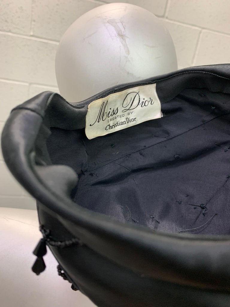 1950 Miss Dior Created By Christian Dior Black Satin Jet Beaded Cloche For Sale 6