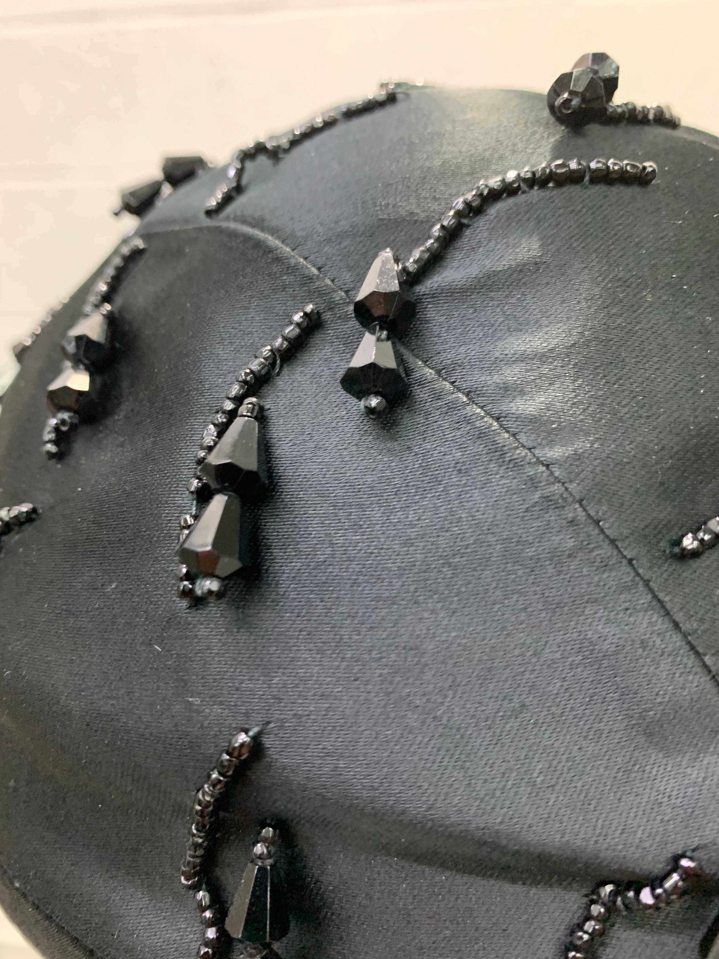 1950 Miss Dior Created By Christian Dior Black Satin Jet Beaded Cloche In Excellent Condition For Sale In Gresham, OR