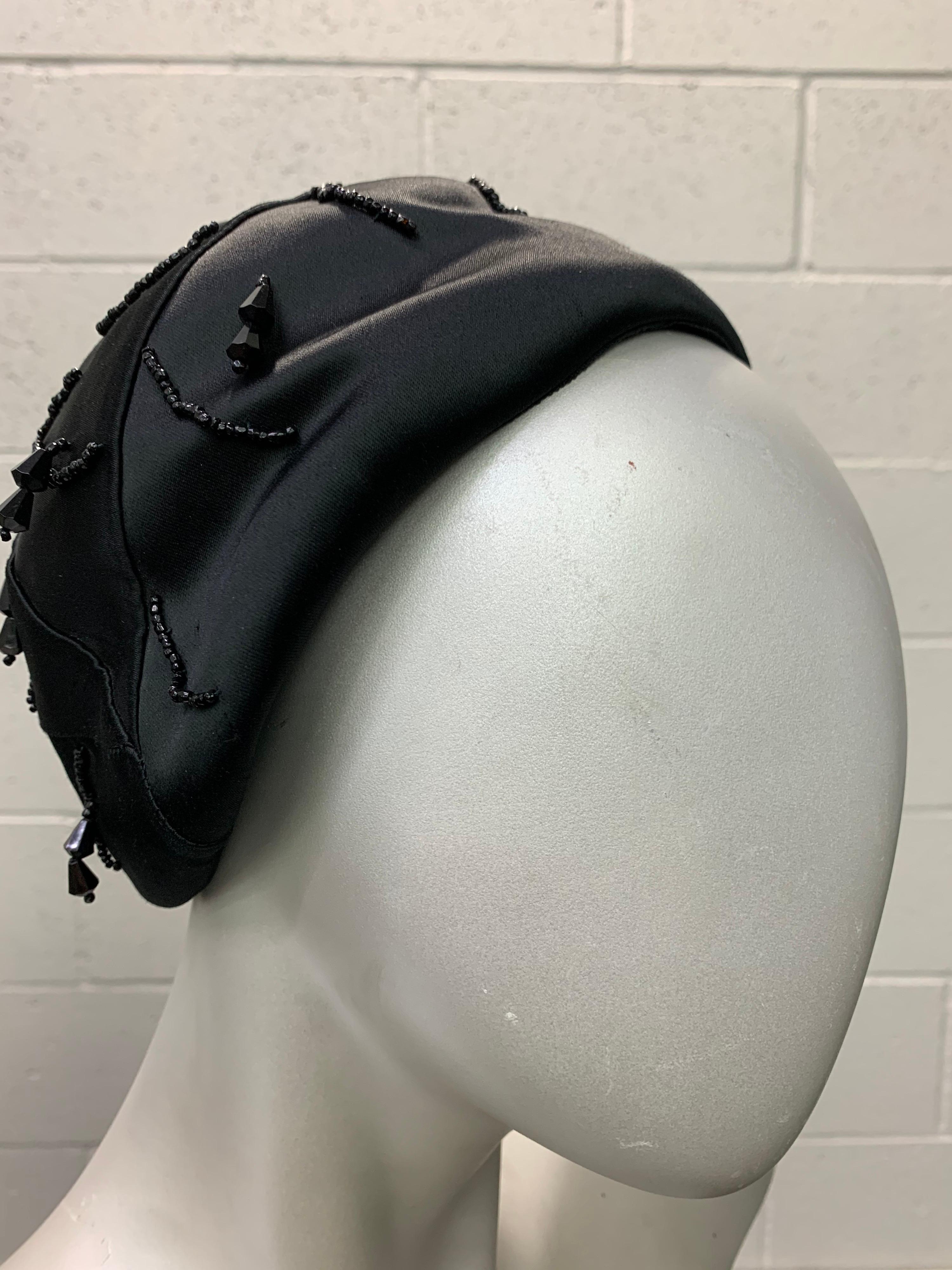 Women's 1950 Miss Dior Created By Christian Dior Black Satin Jet Beaded Cloche For Sale