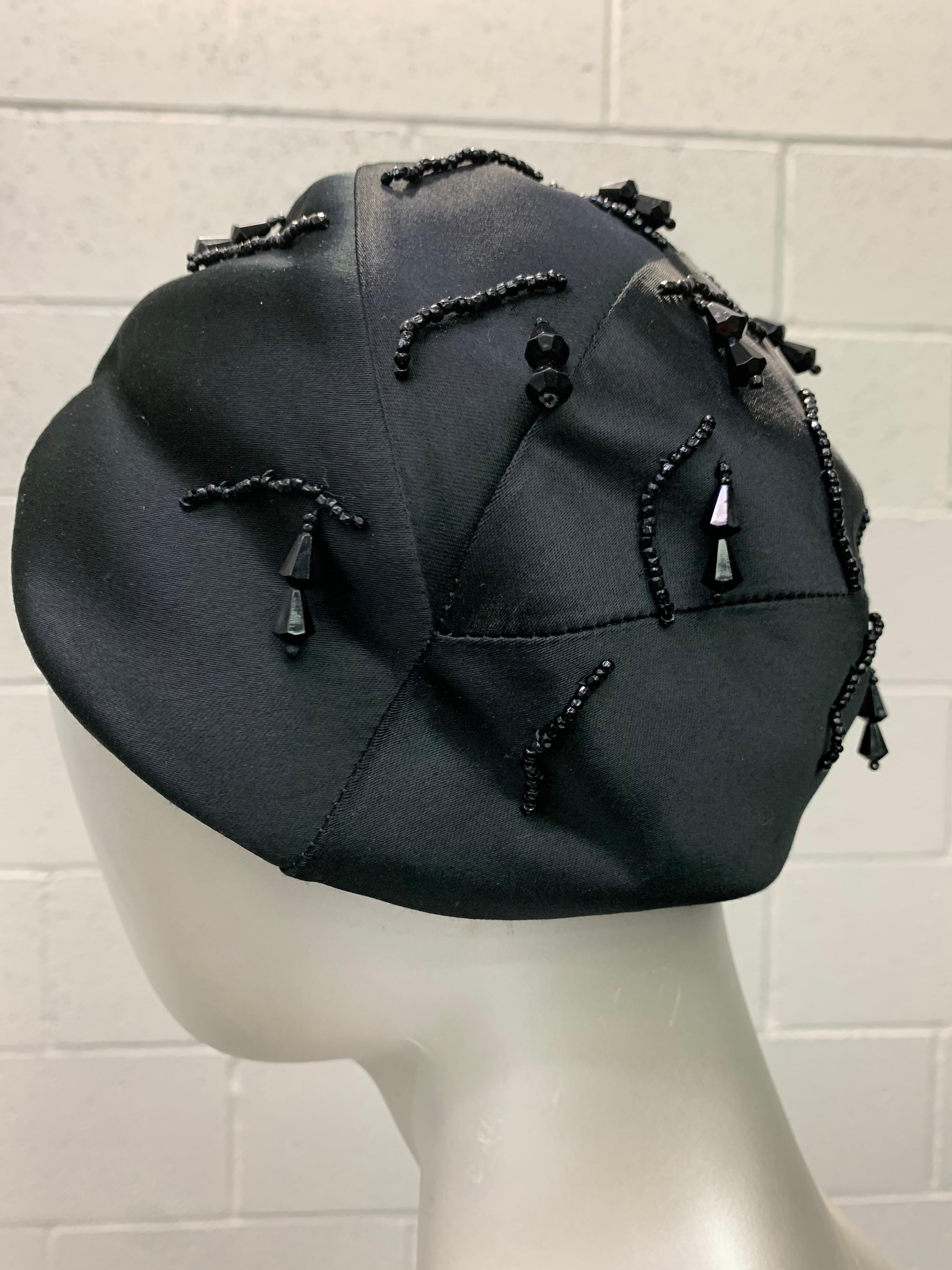 1950 Miss Dior Created By Christian Dior Black Satin Jet Beaded Cloche For Sale 2