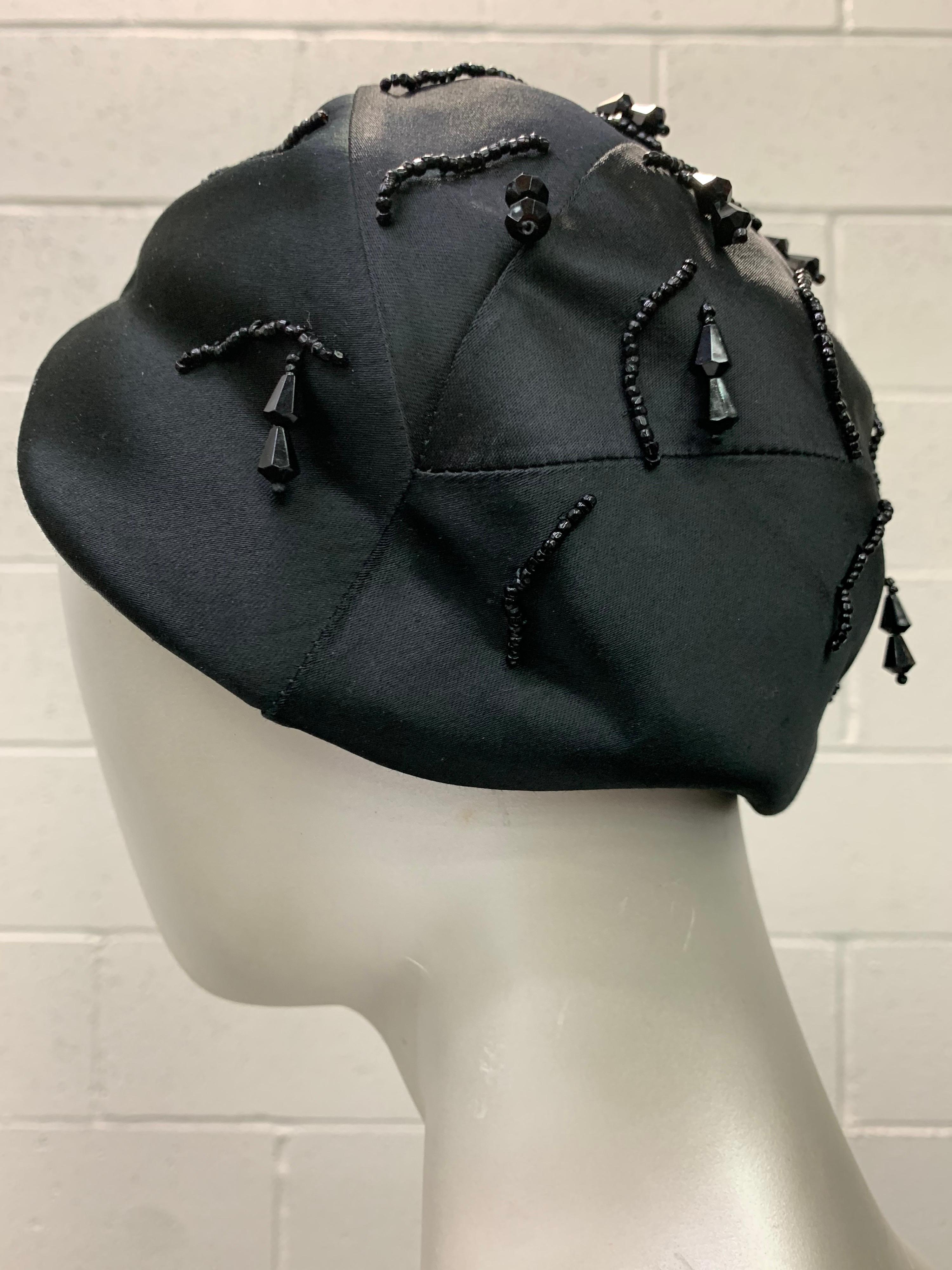 1950 Miss Dior Created By Christian Dior Black Satin Jet Beaded Cloche For Sale 1