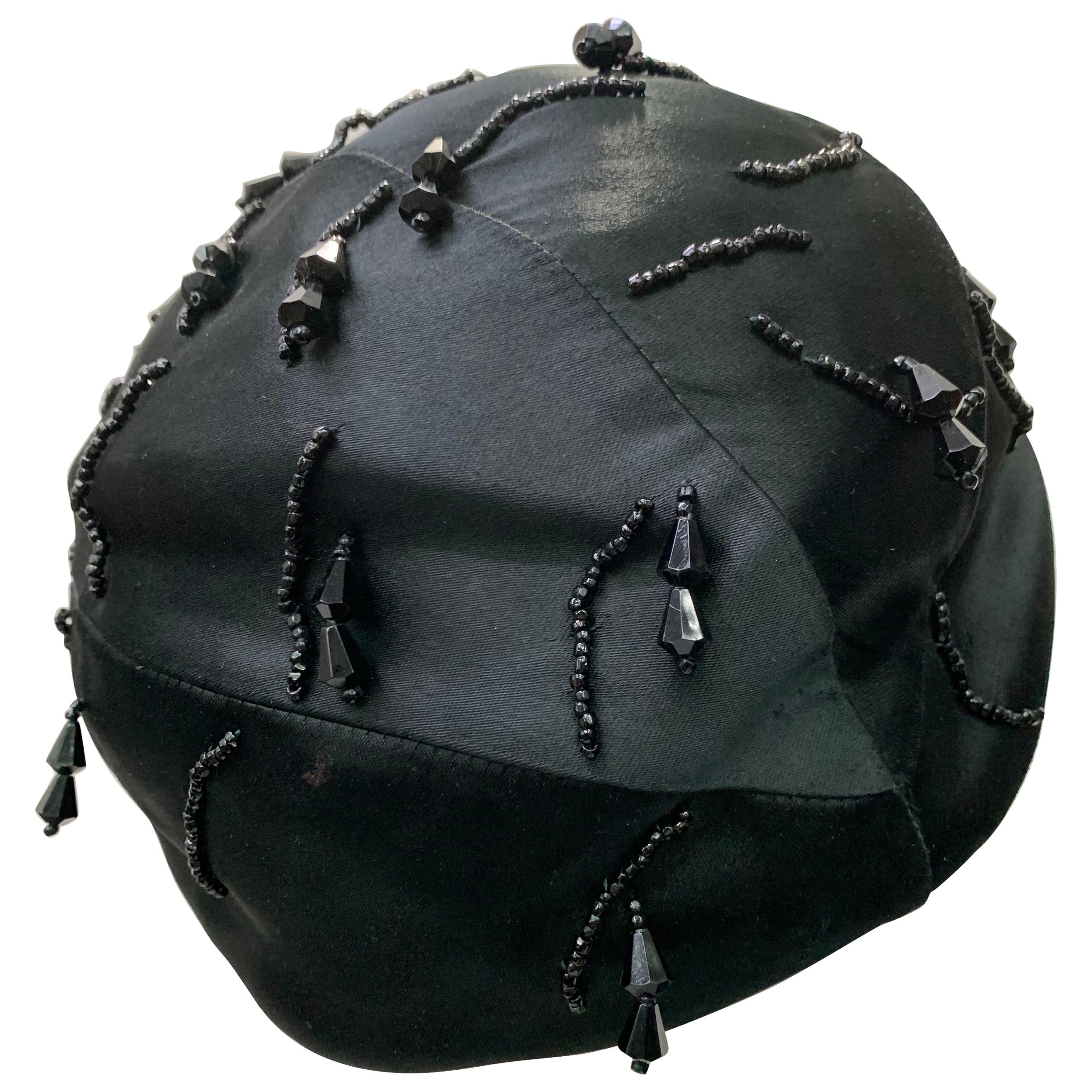 1950 Miss Dior Created By Christian Dior Black Satin Jet Beaded Cloche For Sale