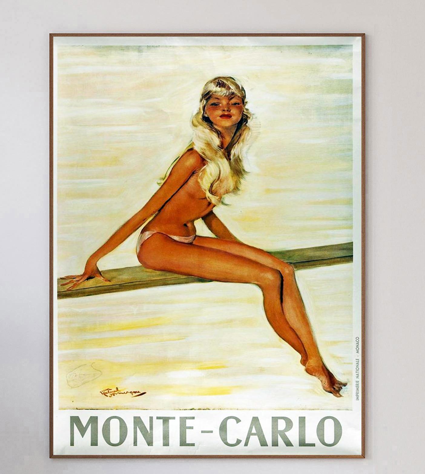 Affiche absolument magnifique promouvant la zone de Monte-Carlo à Monaco, datant de 1950. Cette pièce du milieu du siècle a une classe intemporelle grâce aux œuvres de l'artiste français Jean Gabiel Domergue, largement considéré comme le père de la