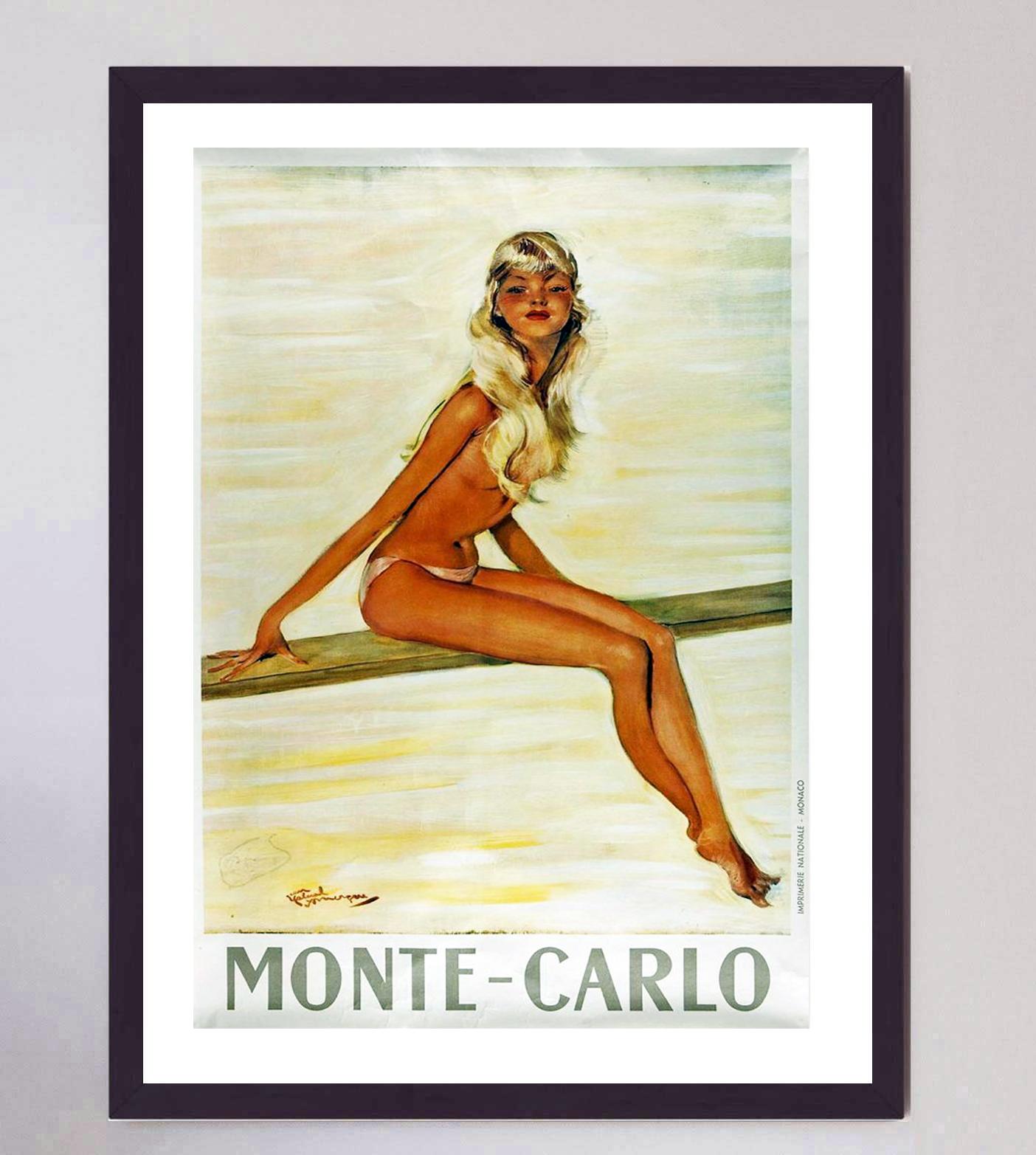 Affiche vintage d'origine de Monte-Carlo, 1950 Bon état - En vente à Winchester, GB